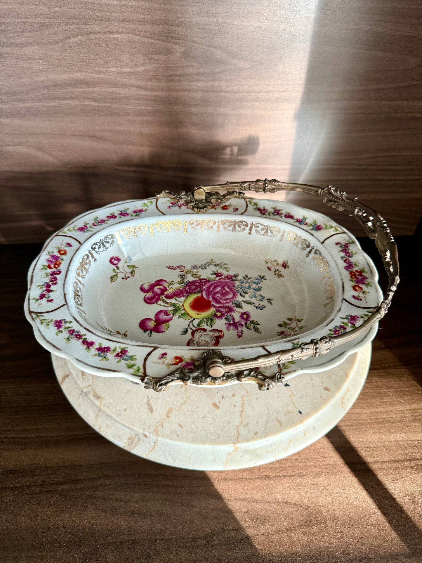 Porcelain Oval Crackle Glazed Vintage Basket Serving Dish with Decorative Bronze Handle, Floral Design and four Legs