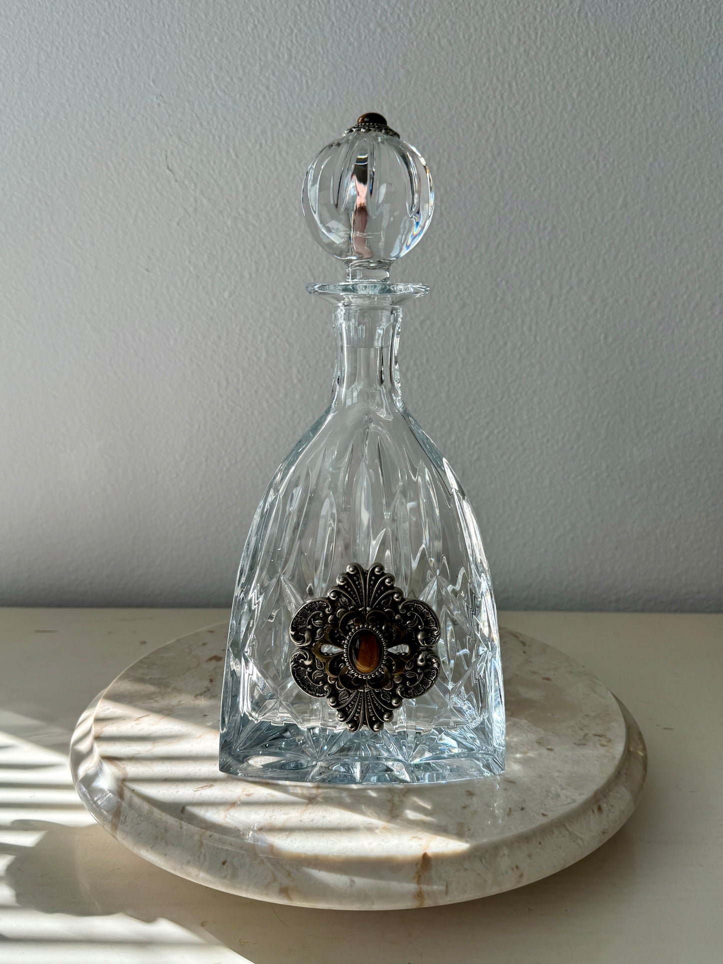 Ann Cichon Dallas Vintage Crystal Decanter with Stopper and Silver Tone Metal Jewels and Stones