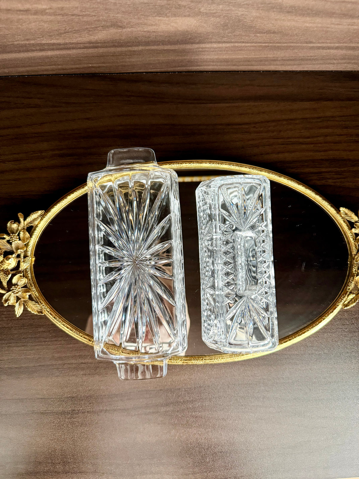 Vintage Cut Crystal Glass Butter Dish with a "Cherrywood Clear" Style Pattern