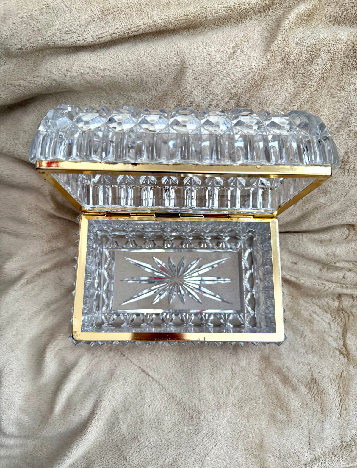 1960s Baccarat Style Heavy Cut Crystal Large Lidded Vintage Jewelry or Trinket Box/ Casket with Brass Frame
