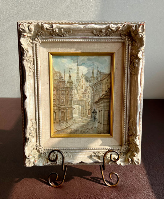 Very Unique “Riga” Old City Original Artwork Vintage Oil Painting with Wooden Framed Signed by G.Sviraunc