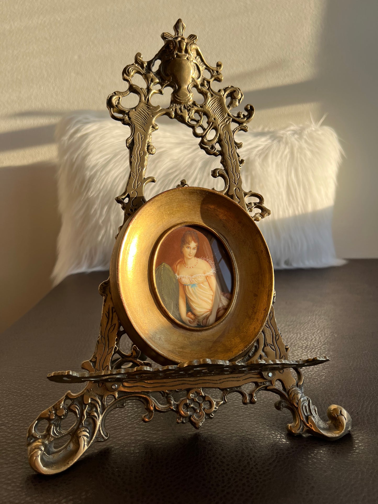 Antique/ Vintage Miniature Italian Original Hand Painted Portrait, Lady in Nightgown with Gilded Wooden Frame