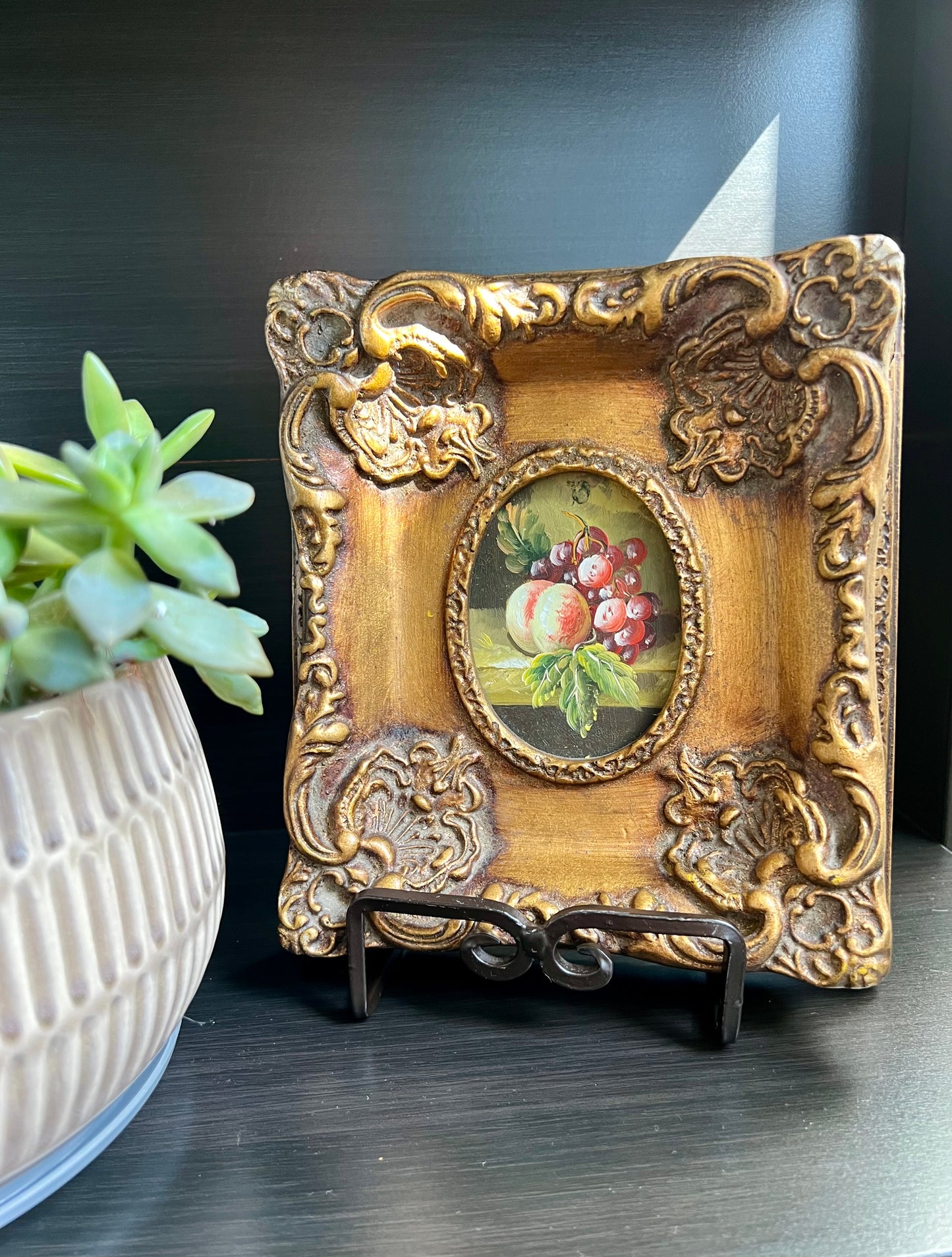 Peach and Grapes Miniature Oil Painting Wall Art With Gilded Wooden Frame