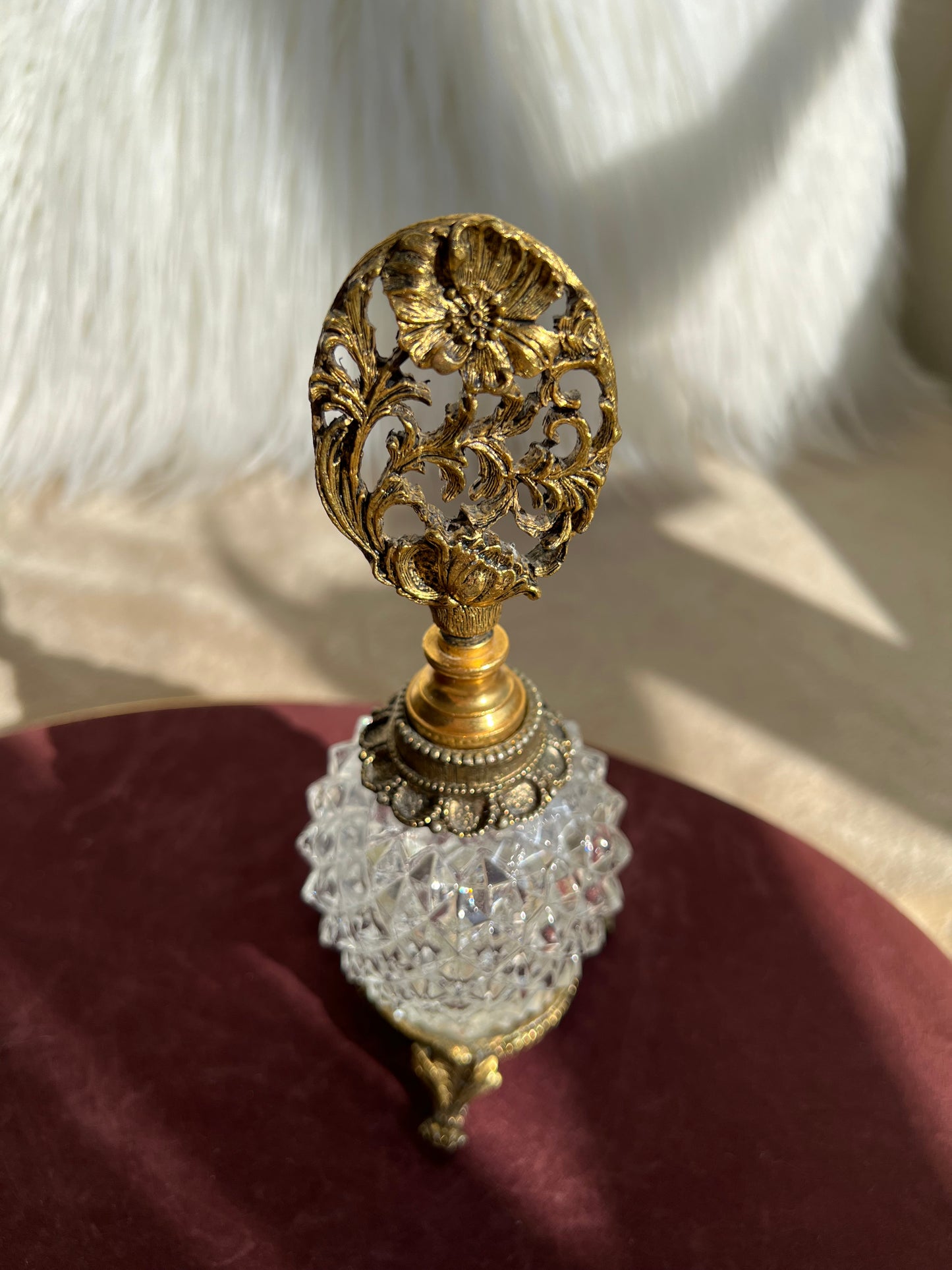 MATSON Style Ormolu Diamond Cut Glass Footed Perfume Bottle Gilt Brass With Dogwood Floral Stopper