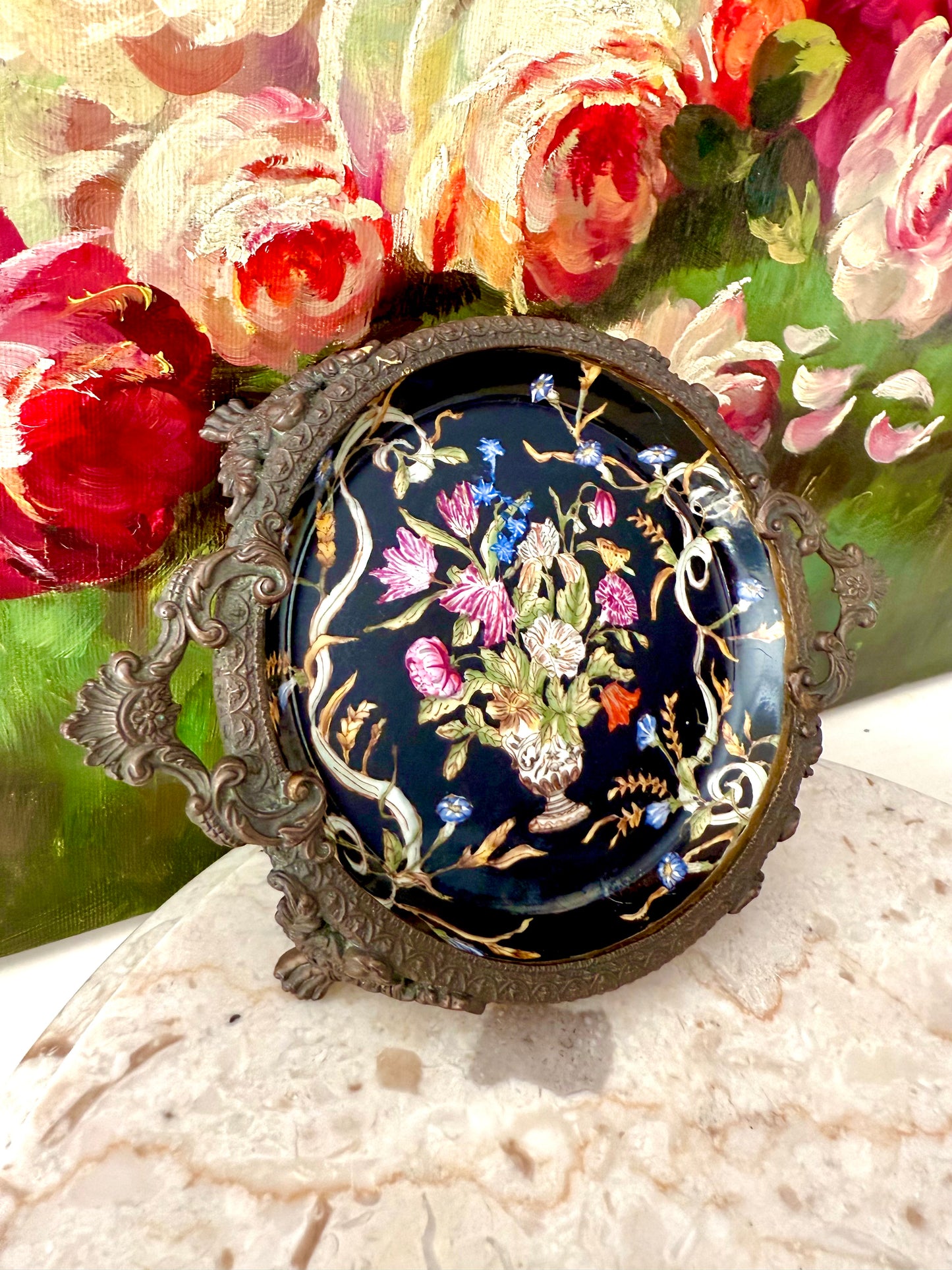 Antique Porcelain Chinese Hua Rong Tang Zhi Bronze Footed, Enameled Hand-Painted Flowers Trinket or Soap Dish, Ornate Tray