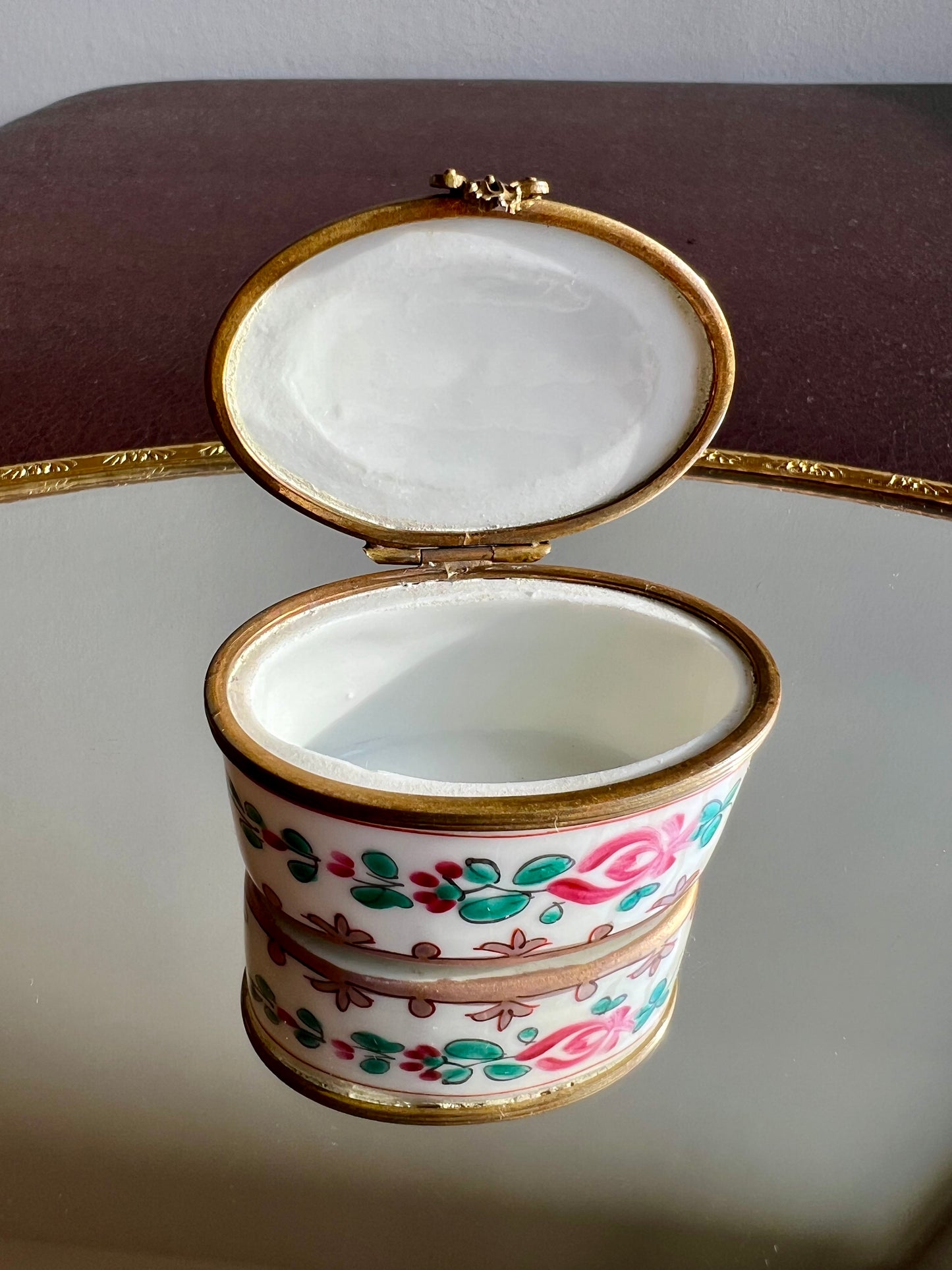 Antique/ Vintage French Oval Porcelain Miniature Jewelry or Pill Box with Decorative Floral Motifs - Double Red LL and ‘Made in France’ Marks on the Bottom