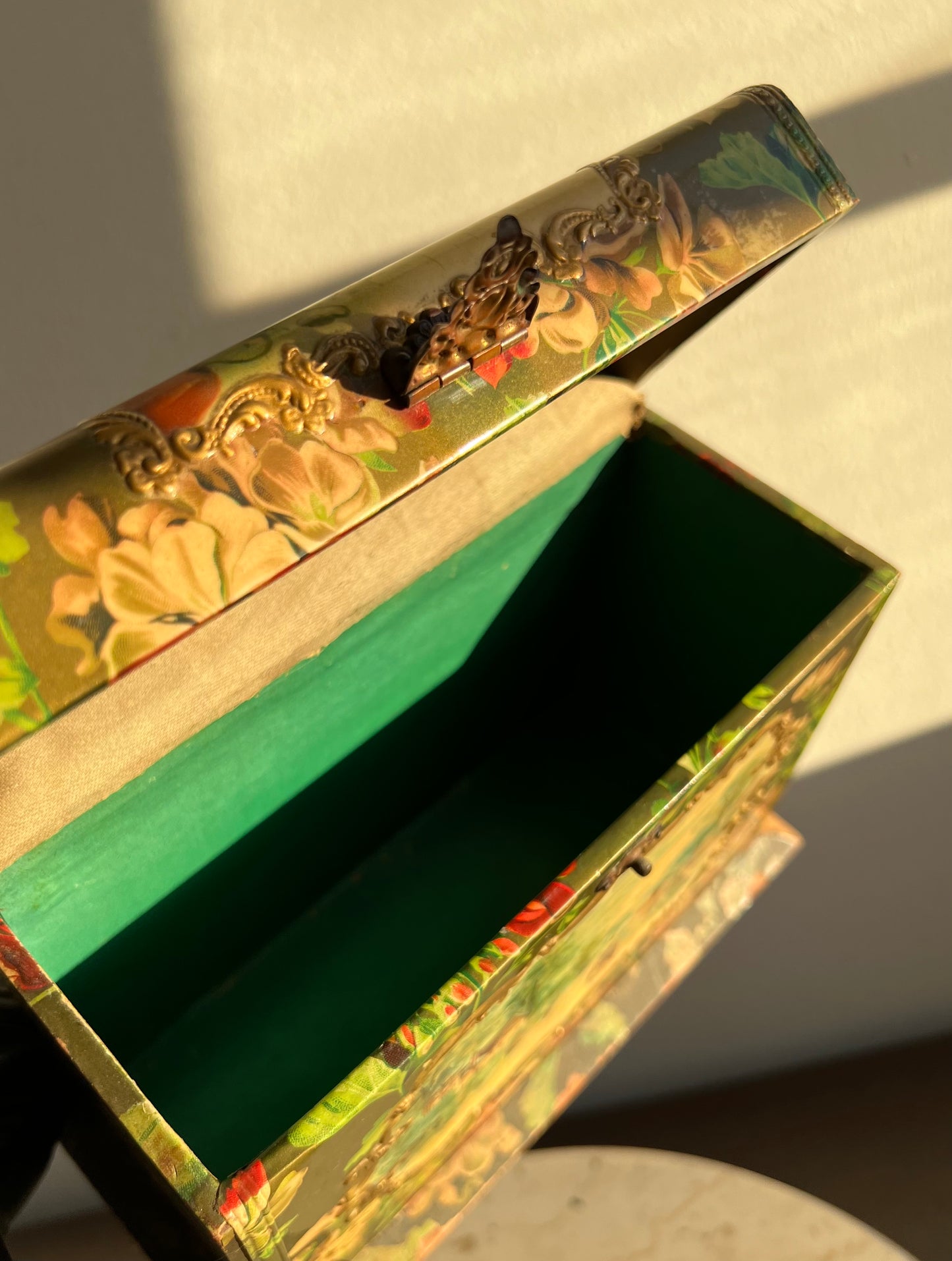 Antique Wooden Decorative Wallpaper Covered Recipe or Trinket Box with Floral Motif and Gilded Painting Design