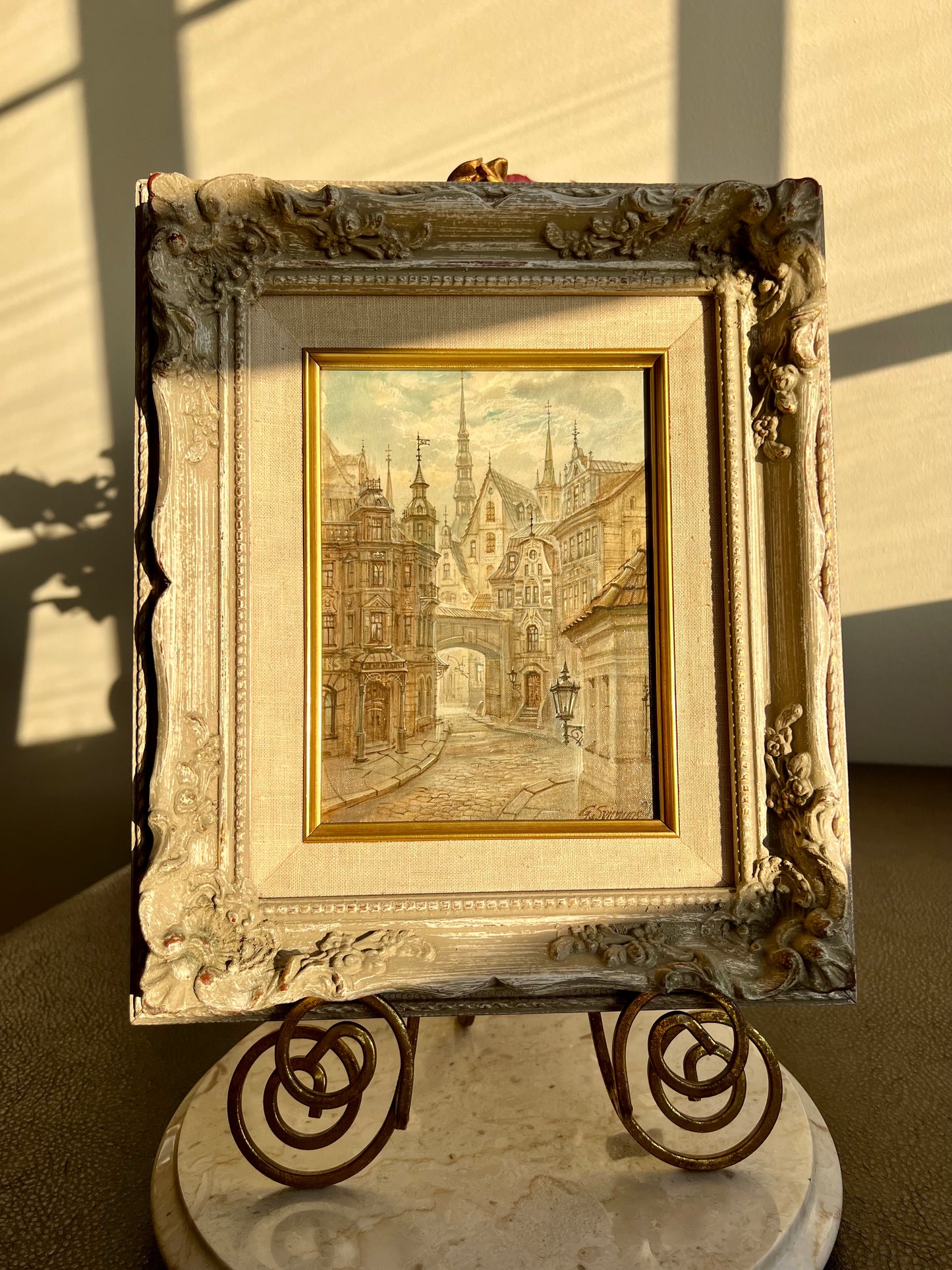 Very Unique “Riga” Old City Original Artwork Vintage Oil Painting with Wooden Framed Signed by G.Sviraunc