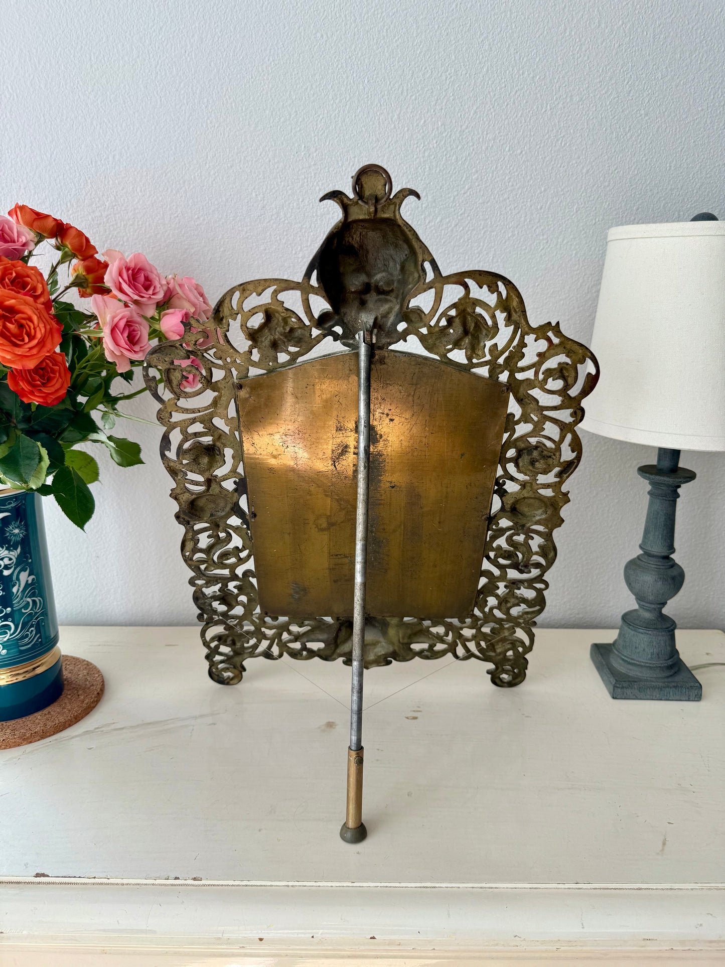 Antique Gilded Cast Iron Cherub and Lion Heads, Victorian French Style Ornate Vanity Table Mirror from Late 19th Century