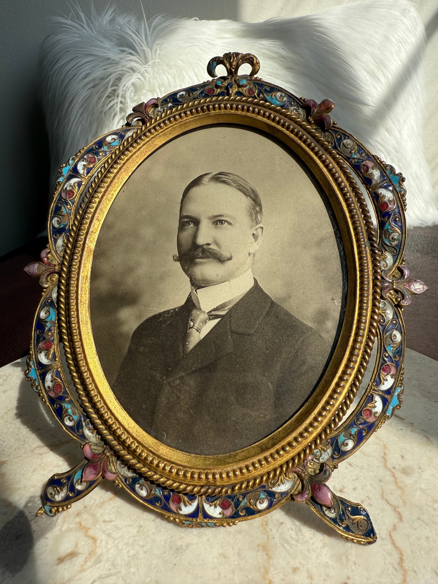 Antique French Style Colorful Enamel Bronze Photo Frame with Black and White Picture of a Gentleman from 19th Century
