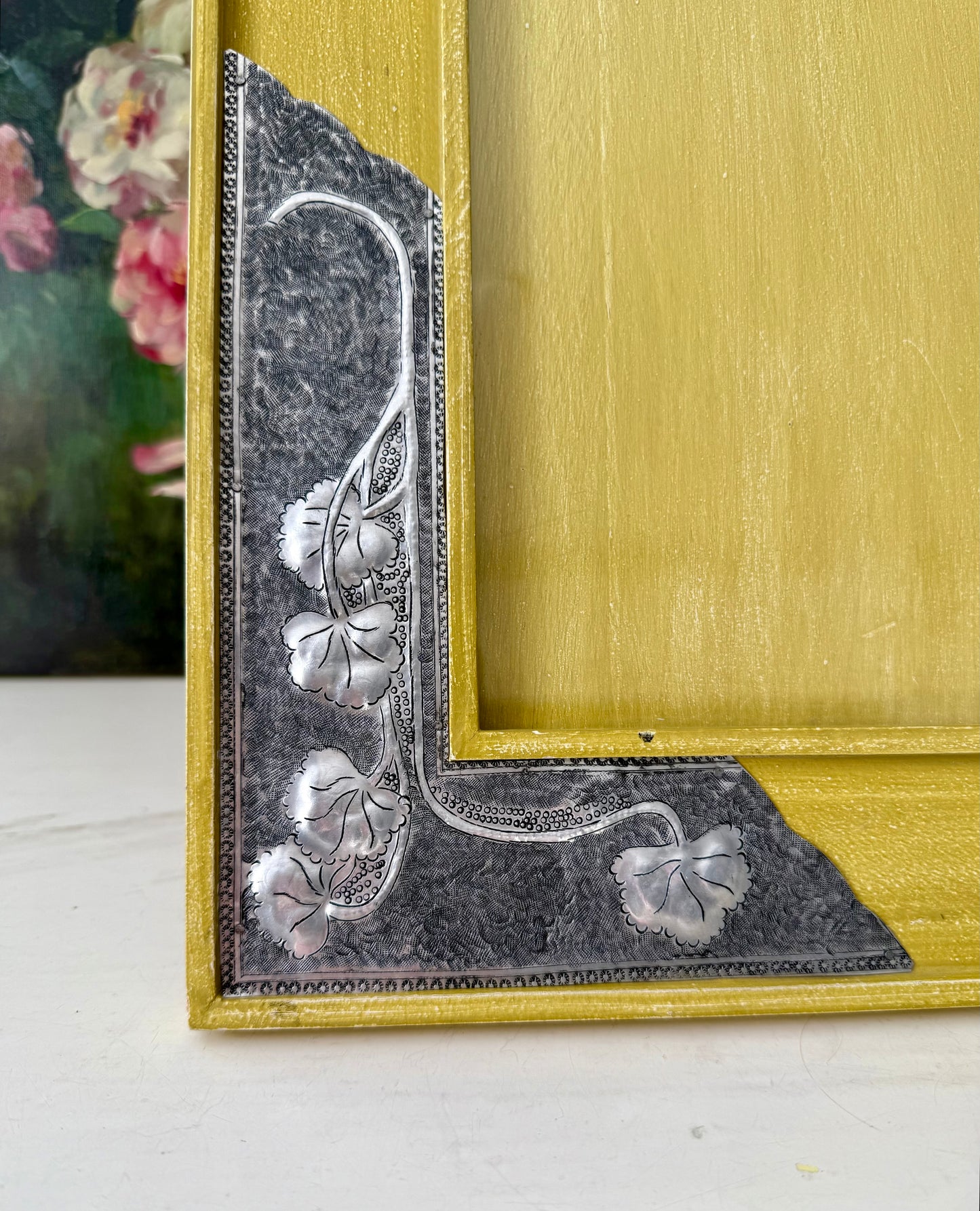 Vintage Mustard Yellow Wooden Picture/ Photo Frame with Metal Floral Decoration on the Corners