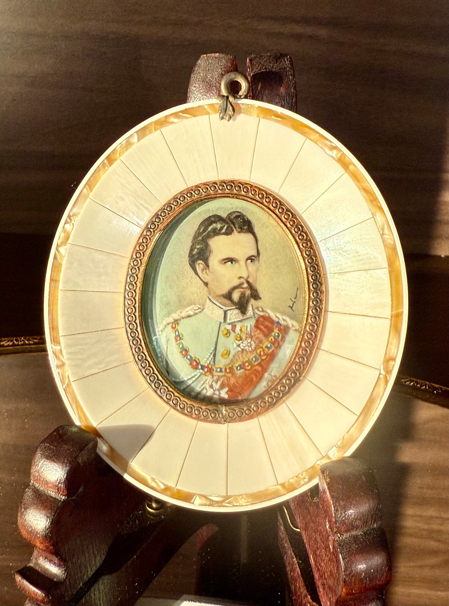 19th-century Antique Miniature Painting Portrait of King Ludwig II of Bavaria with Mother-of-Pearl Frame