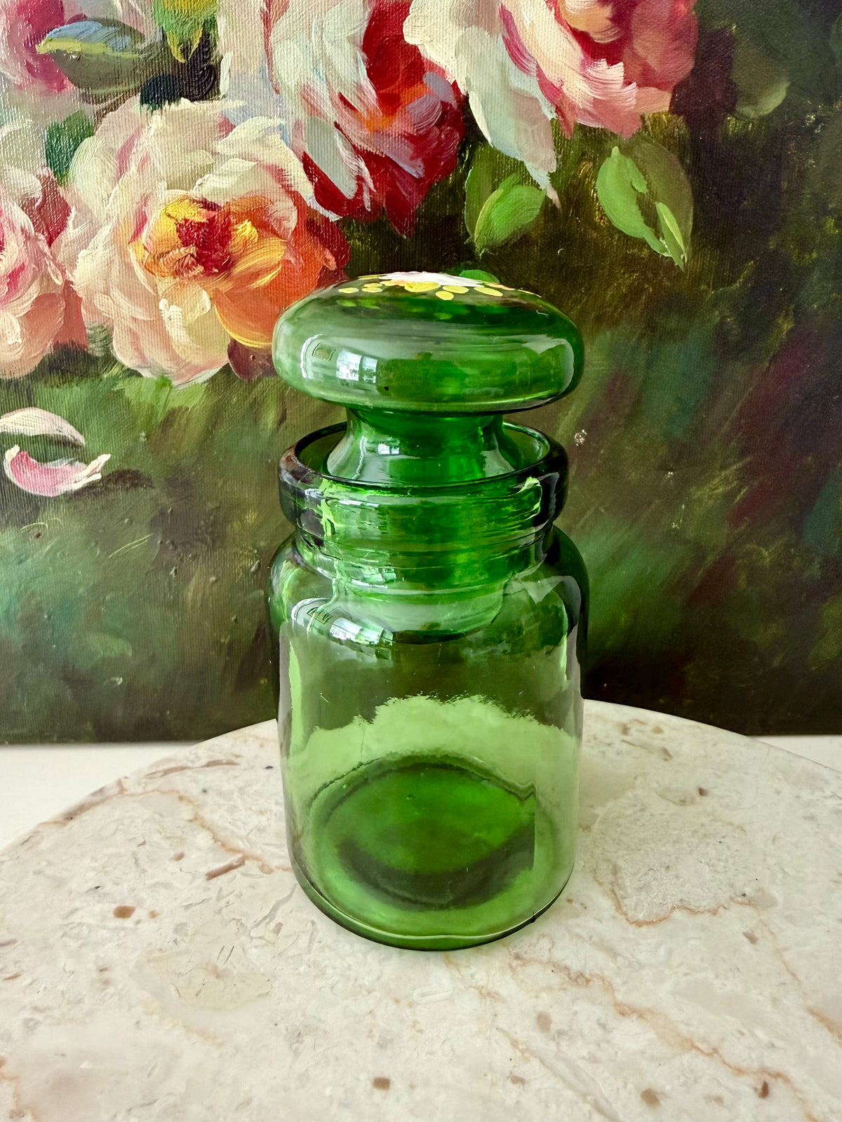 Emerald Green Vintage Belgium Apothecary Jar Glass with Handmade Floral Painting on the Bubble Top Lid