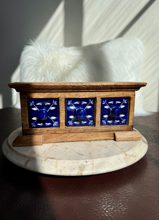 Blue and White Vintage Style Ceramic Treasure Box Drawers with Wooden Exterior