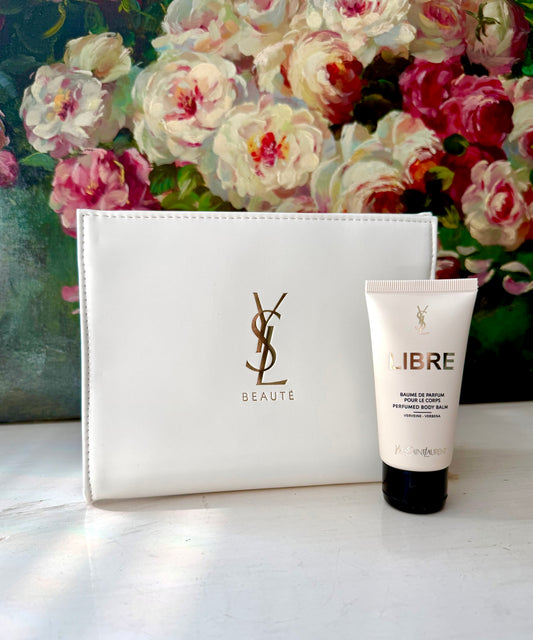 Yves Saint Laurent YSL White Makeup Bag with LIBRE Perfumed Body Balm, New - Never Used