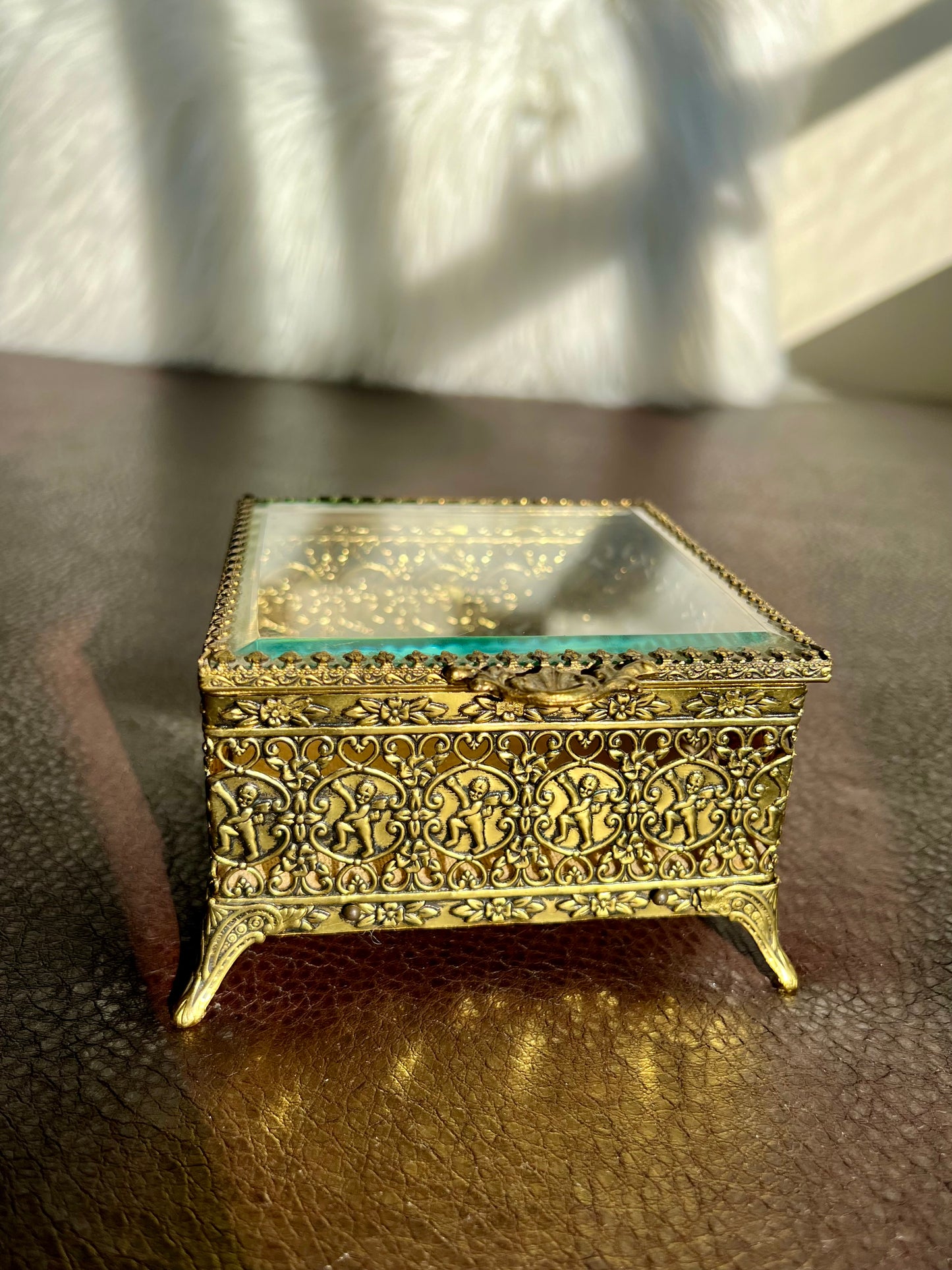 Gold Plated Filigree Ormolu Vintage Jewelry Box Square Footed with Velvet Lining Hinged Lid, Hollywood Regency StyleBuilt Style