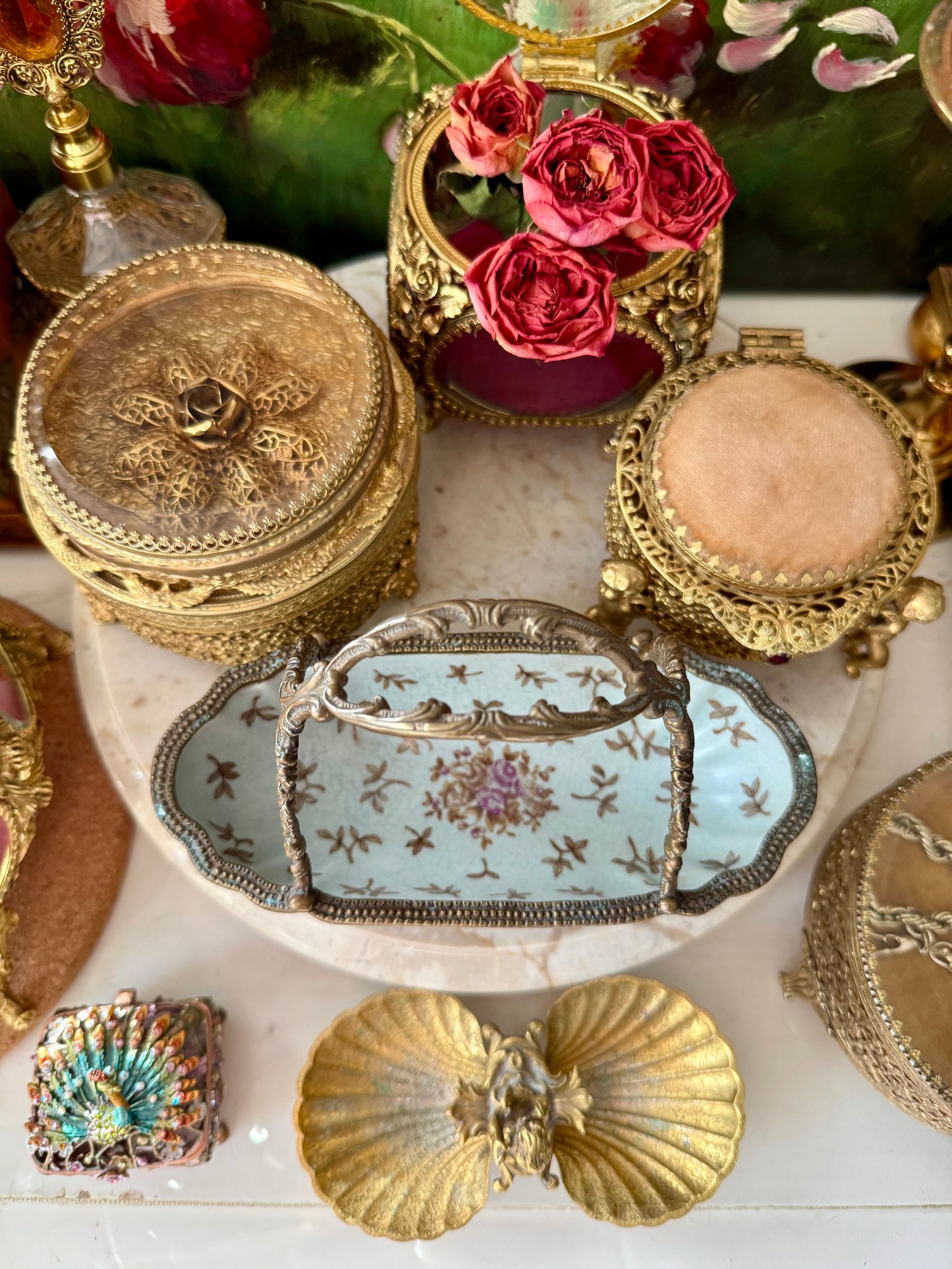 Antique-Looking Art Nouveau Style Porcelain Floral Crackle Glazed Footed Basket Trinket Dish with Bronze Handle