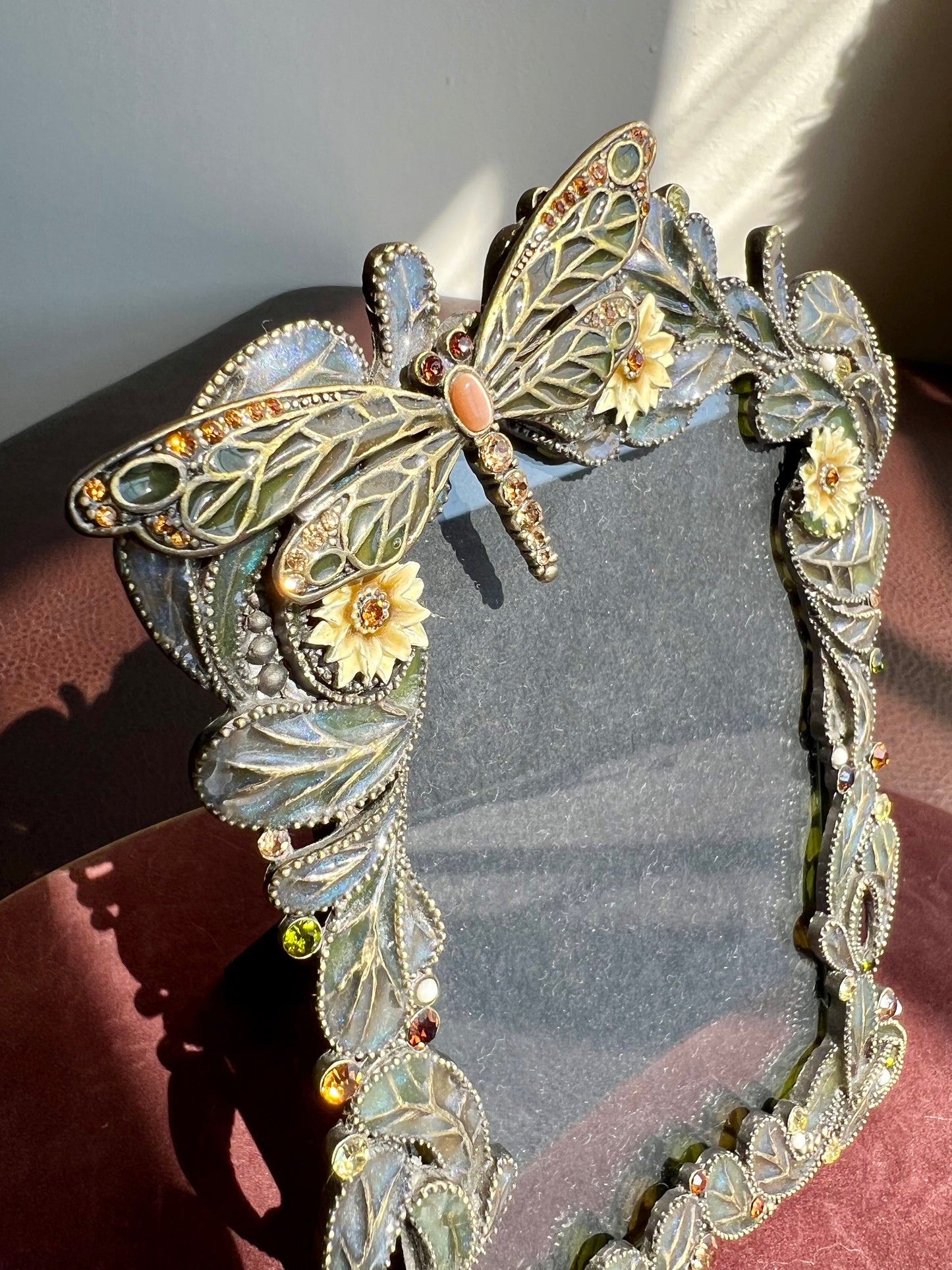 Dragonfly Enamel and Metal Picture Frame with Tiny possible Swarovski Rhinestones, Flowers & Green Leaves