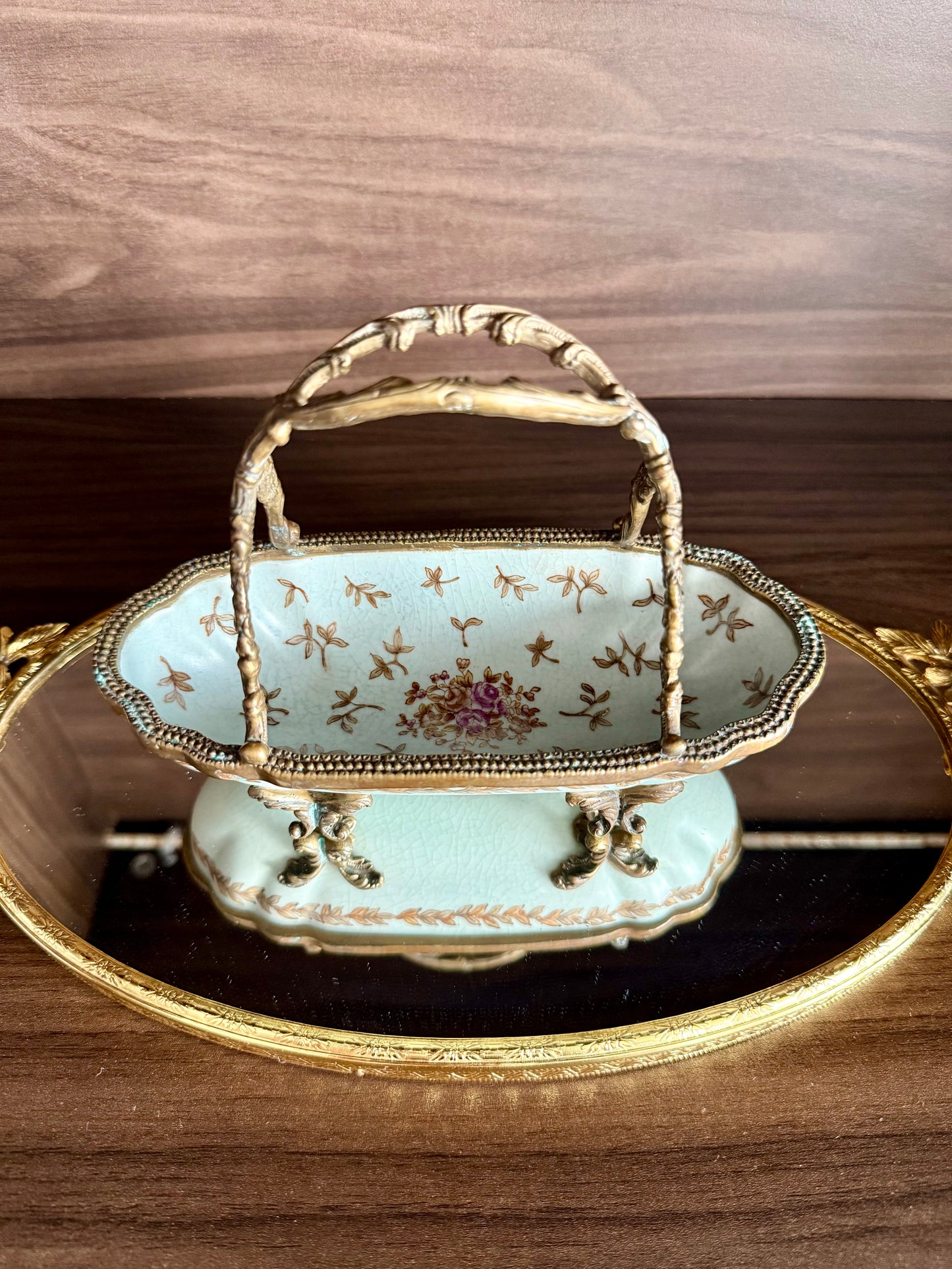 Antique-Looking Art Nouveau Style Porcelain Floral Crackle Glazed Footed Basket Trinket Dish with Bronze Handle