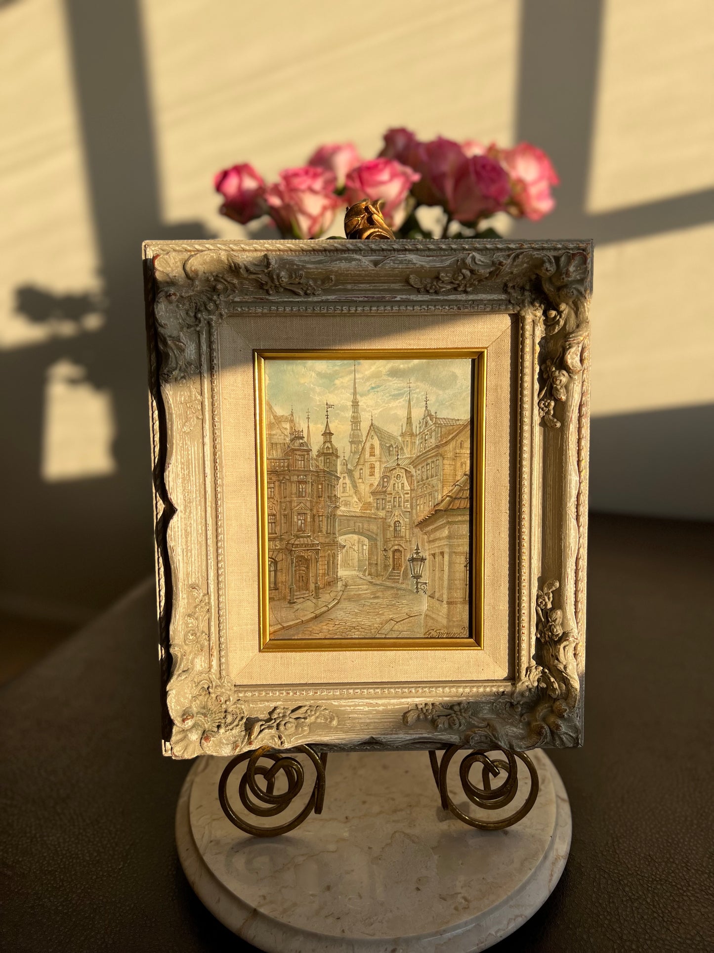 Very Unique “Riga” Old City Original Artwork Vintage Oil Painting with Wooden Framed Signed by G.Sviraunc