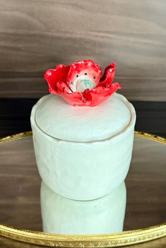 “Sweet Red Poppy" Luxury White Ceramic Candle with Lid by Illume