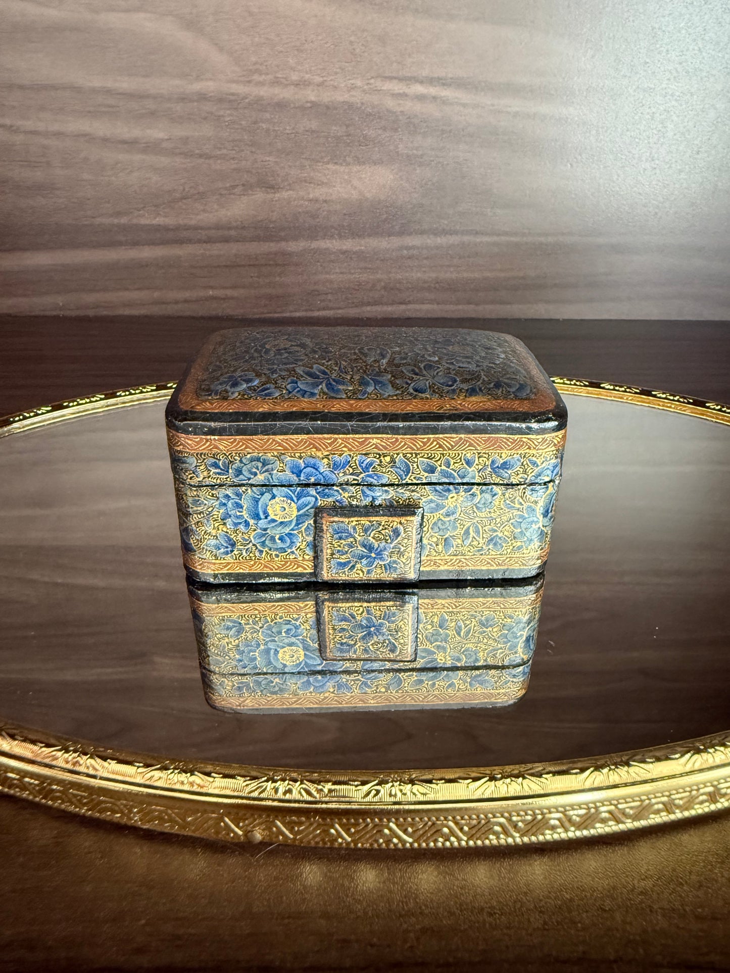 Beautiful Vintage Blue and Gold Hand-Painted Wooden Kashmir Papier-Maché Ring Holder or Jewelry Box