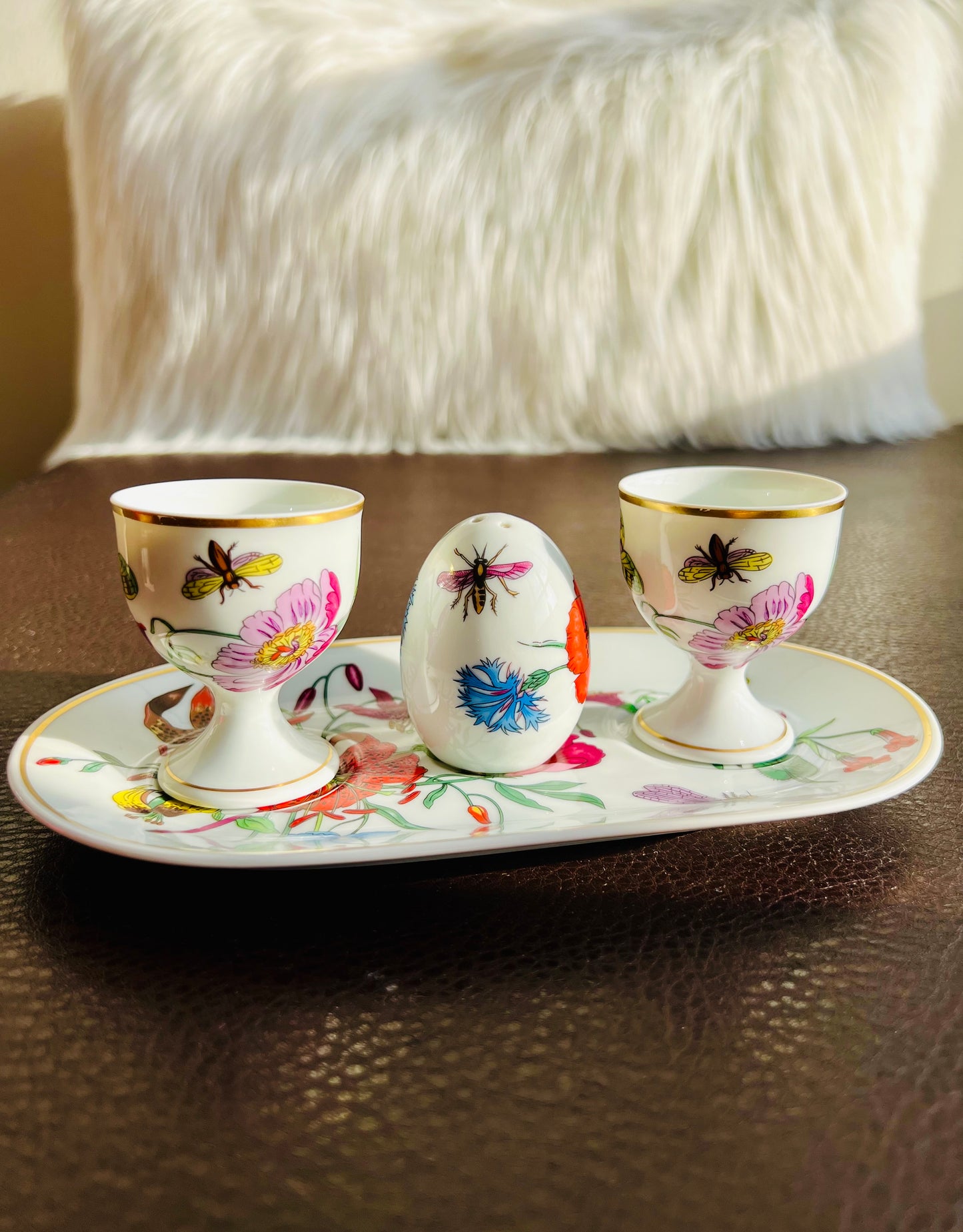 1980s Gucci Bernardaud Limoges Floral & Butterfly Print Porcelain Egg Cup and Salt Shaker Set, Made in France