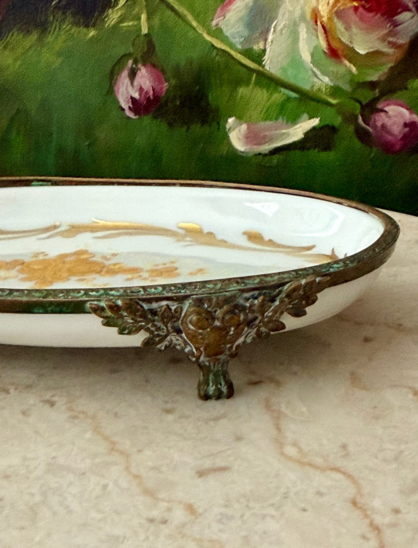 Antique Sévres Style Brass Footed and Hand-painted Oval Porcelain Decorative Soap Dish - Made in France