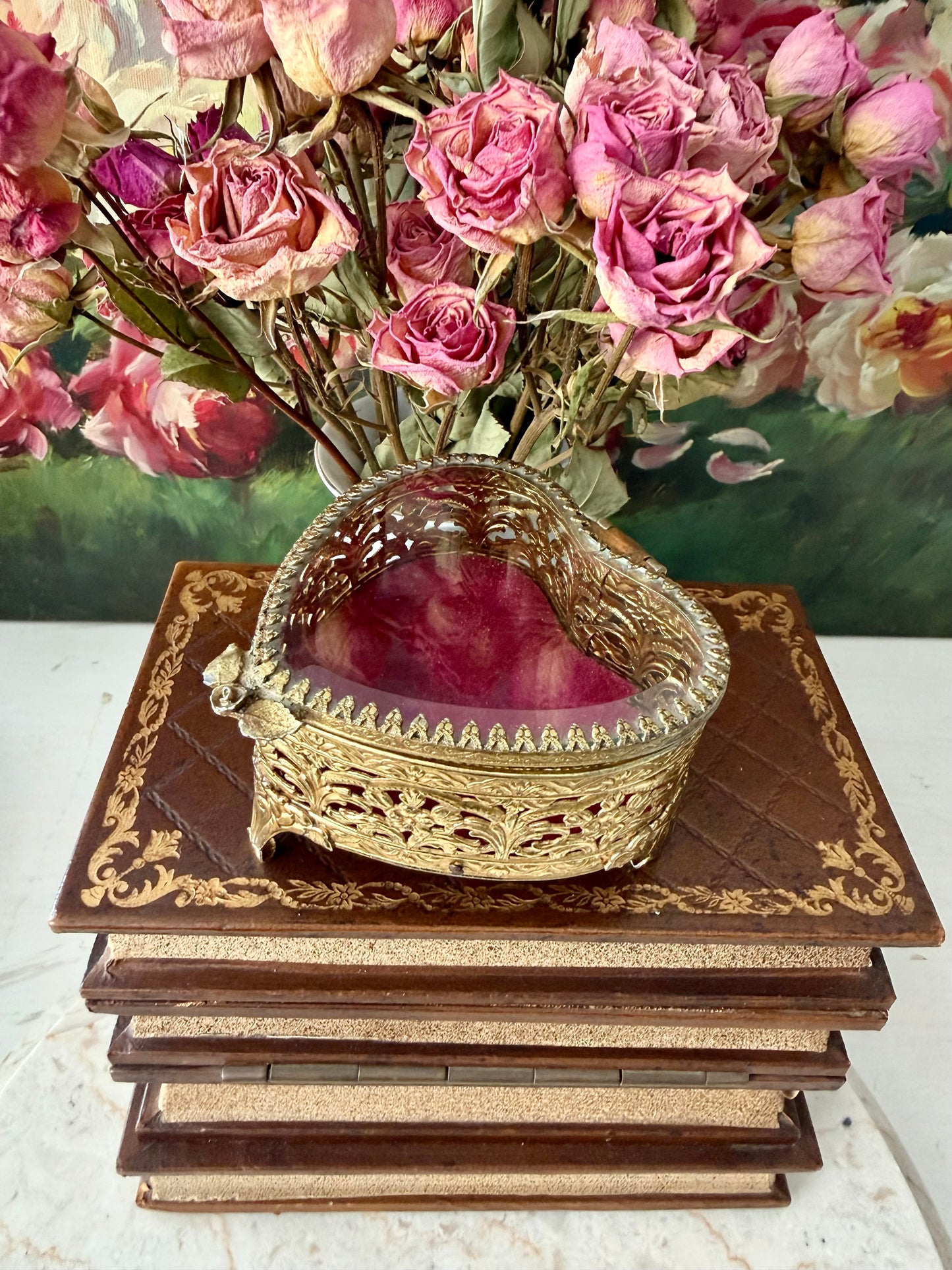 Antique French Style Gold-plated Ormolu Filigree Heart-shaped Trinket or Jewelry Box with a Plush Red Velvet Lining