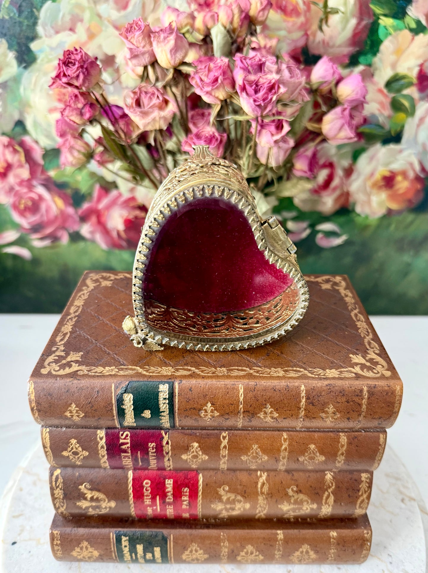 Antique French Style Gold-plated Ormolu Filigree Heart-shaped Trinket or Jewelry Box with a Plush Red Velvet Lining