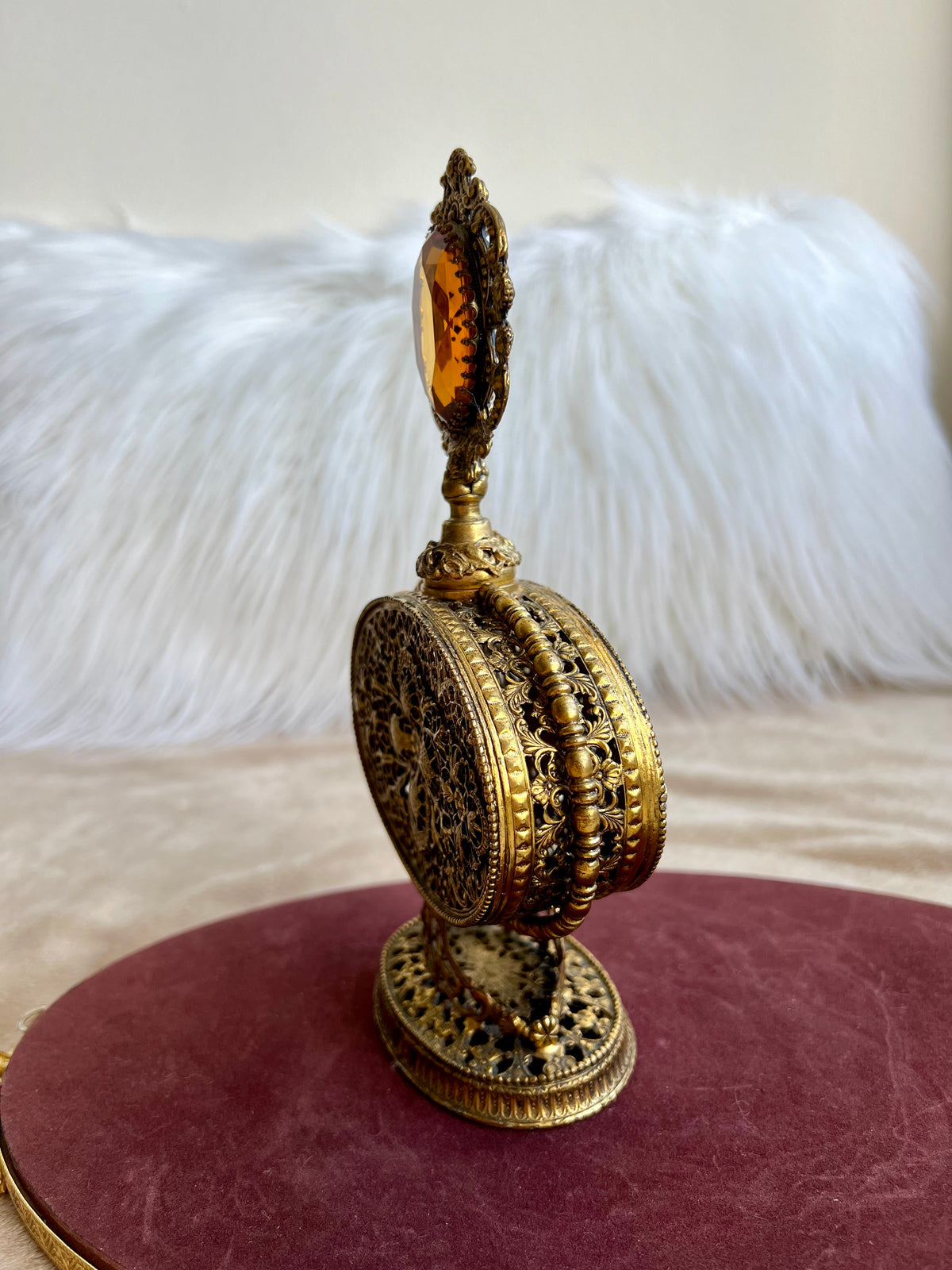 1950s or 1960s Hollywood Regency Style Vintage Ormolu Filigree Gilded Brass Perfume Bottle with a Large Yellow Rhinestone on the Top