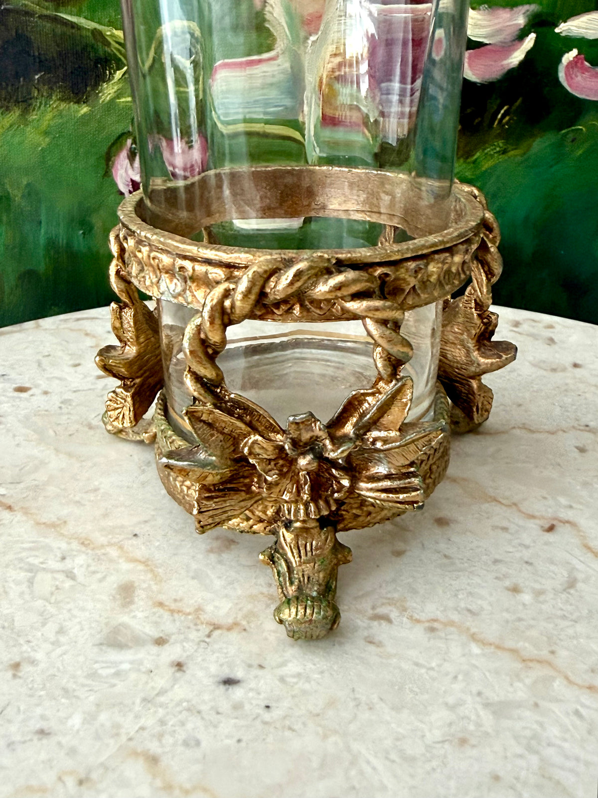 Vintage Hollywood Regency Italian Style Gold-plated Brass Ornate Floral Tumbler Stand with Glass Vase