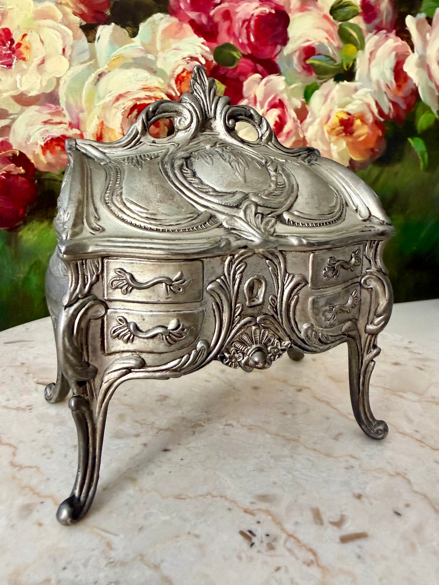 Antique Art Nouveau French Style Silver Plated Jewelry Casket Velvet Lined Romantic Trinket Box