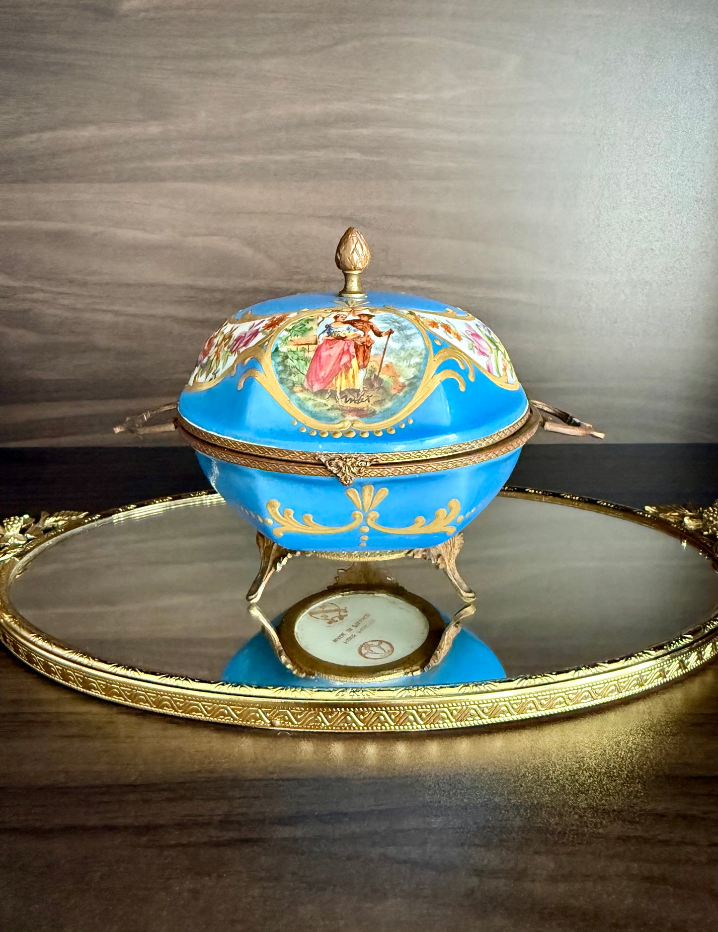 Antique Capodimonte Footed Hand Painted Blue Porcelain Dresser Box, Made In France