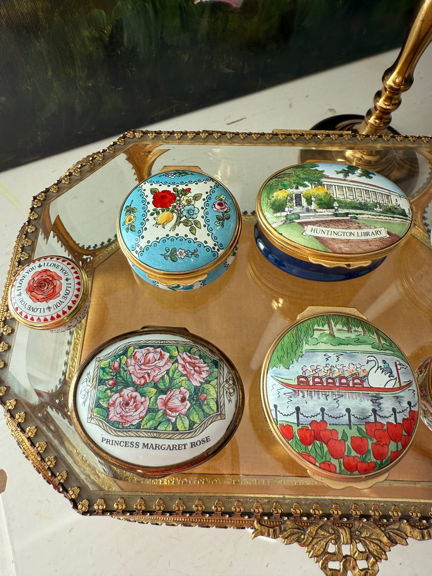 Halcyon Days Designed by Tiffany & Co. Boston Swan Boats Vintage Enamel Pill, Jewelry or Trinket Box