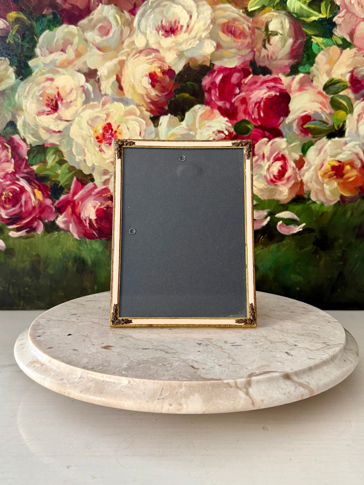Elegant Gold-tone Classic Leaf and Floral Motif and Pastel Pink Enamel Style Vintage Photo or Picture Frame