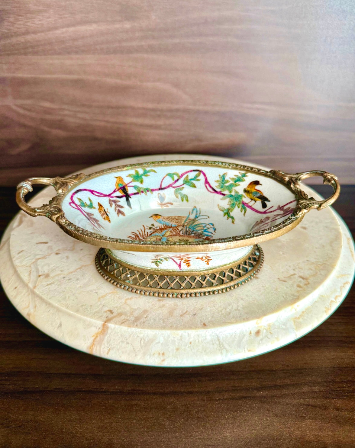 Beautiful Vintage Oval Soap Dish with Brass Feet and Handles with Floral and Bird Motif