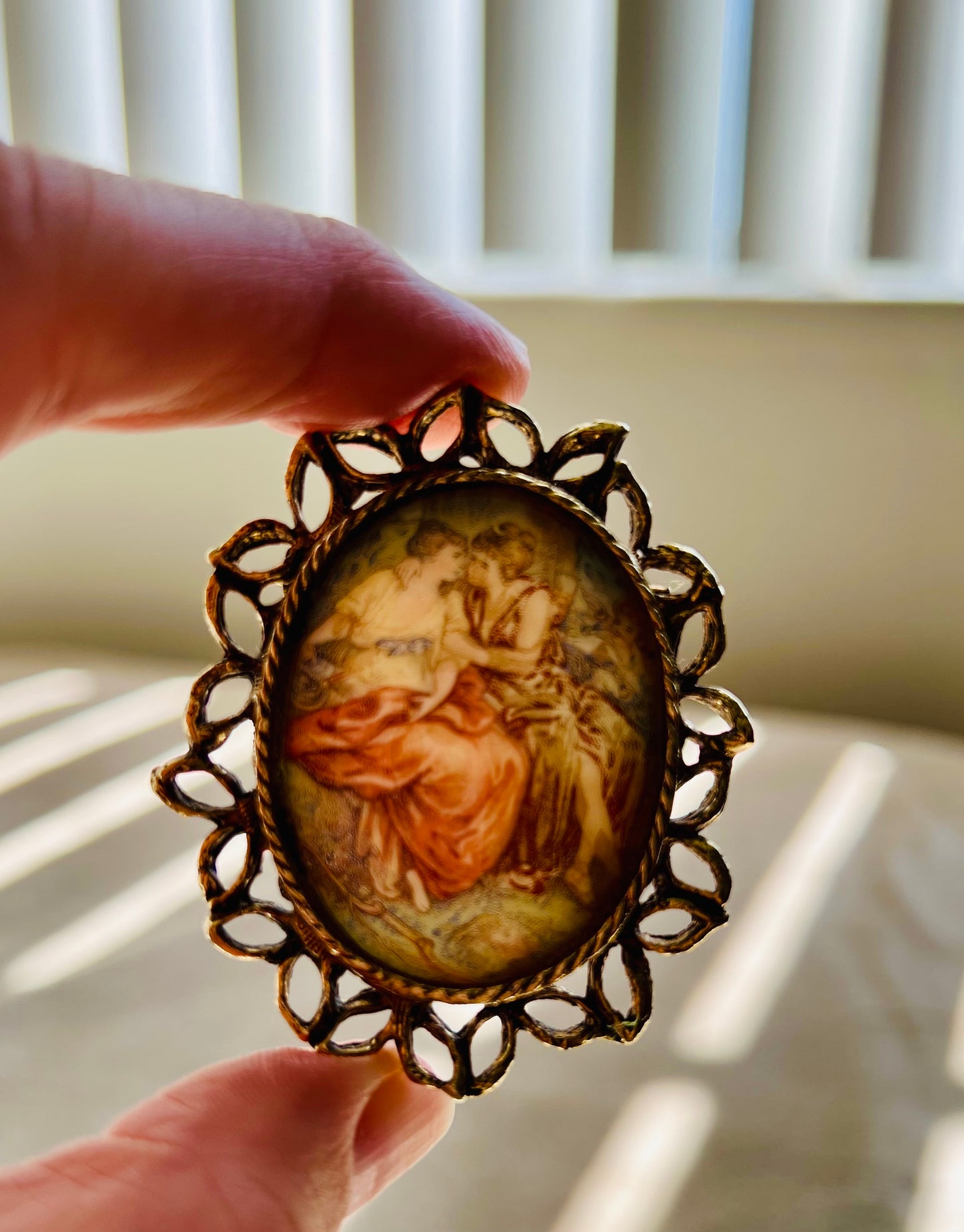 Porcelain Vintage Oval Fragonard Style Brooch