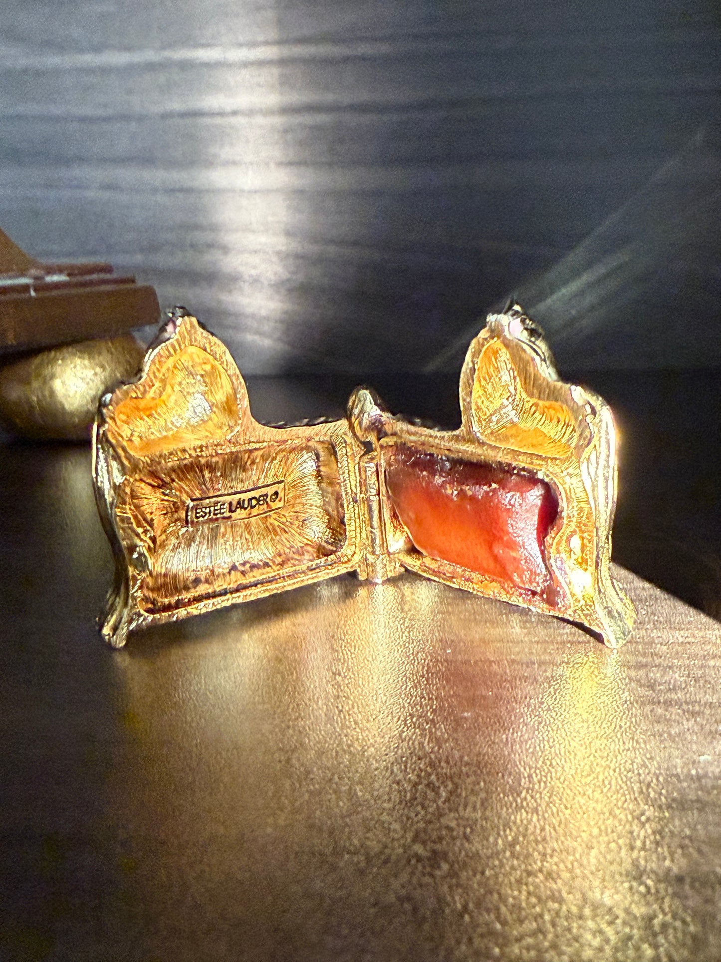 Estée Lauder Vintage Gold Plated Perfume Compact Dog with Pink Ribbon