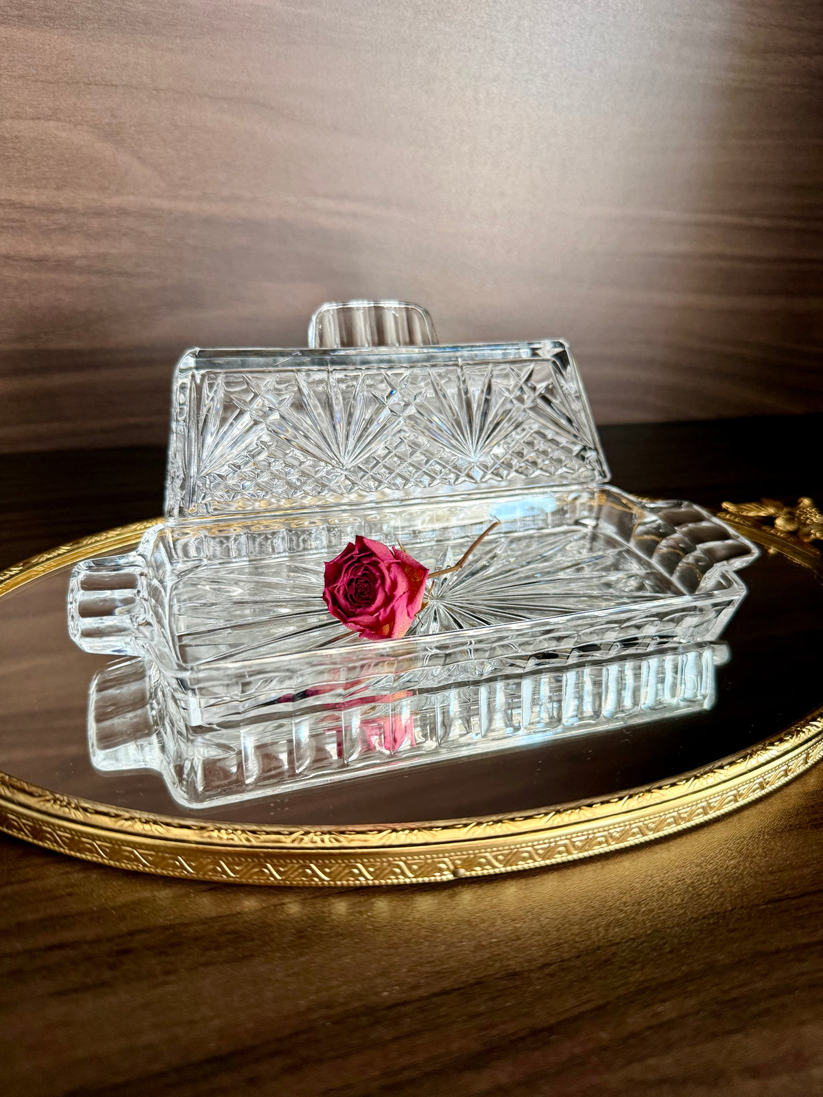 Vintage Cut Crystal Glass Butter Dish with a "Cherrywood Clear" Style Pattern