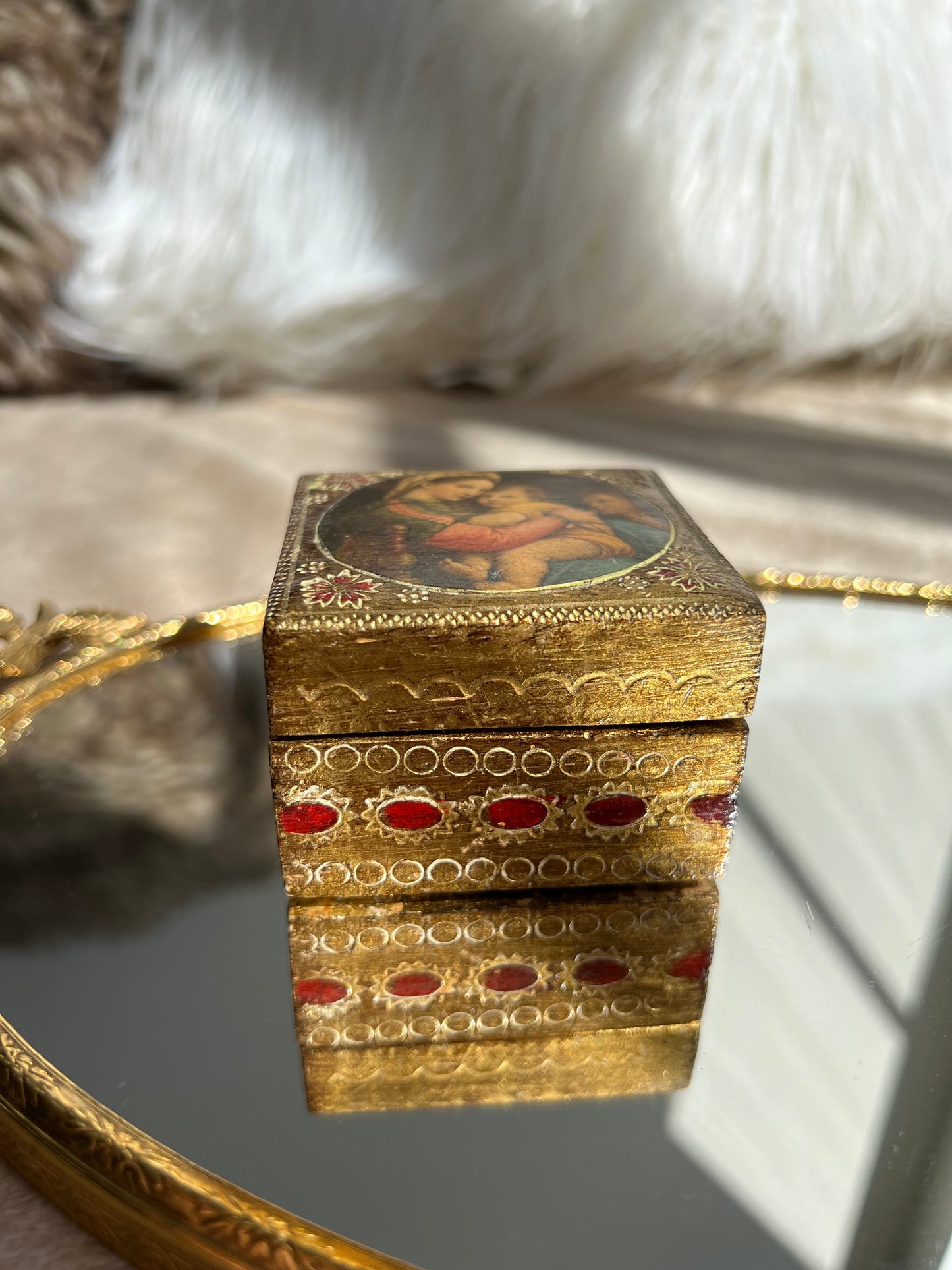 Italian Florentine Vintage Wooden Gold Gilded Box on the Top Madonna and child with St.John By Raphael