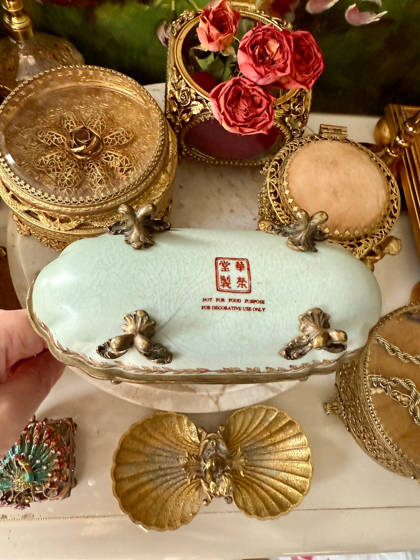 Antique-Looking Art Nouveau Style Porcelain Floral Crackle Glazed Footed Basket Trinket Dish with Bronze Handle