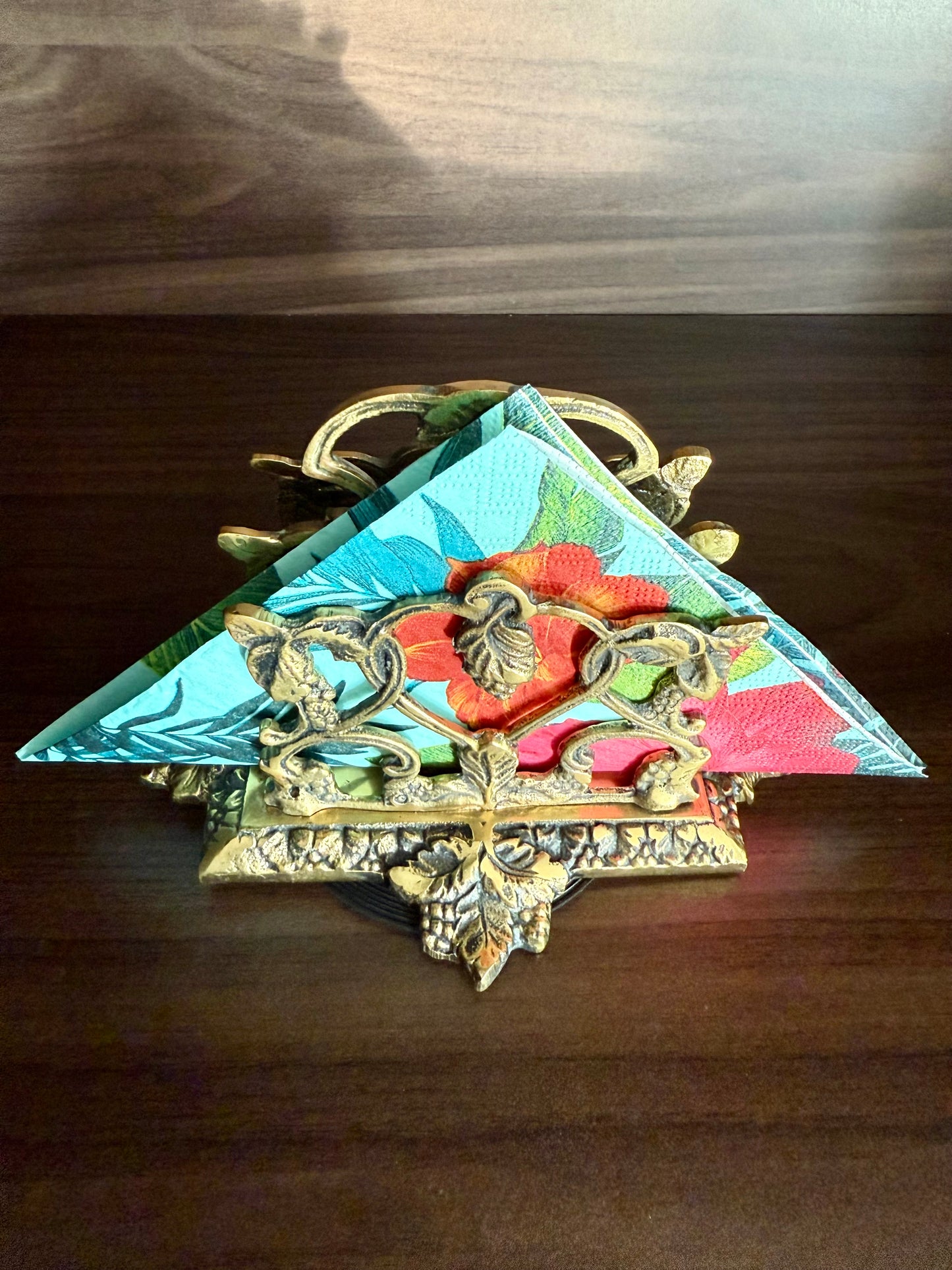 Vintage Brass Letter or Napkin Holder Desk Organizer with Grape Leaf Decoration, Made in England