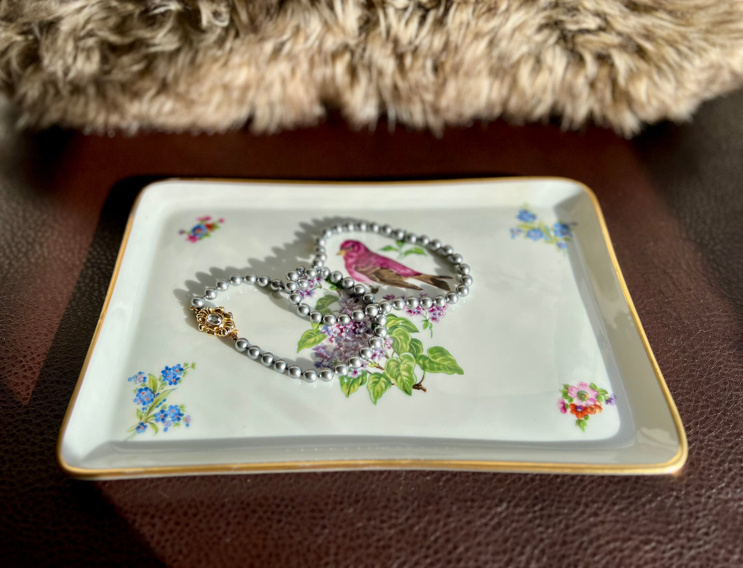 Limoges Porcelain Vanity Tray With Lilac Floral and Bird