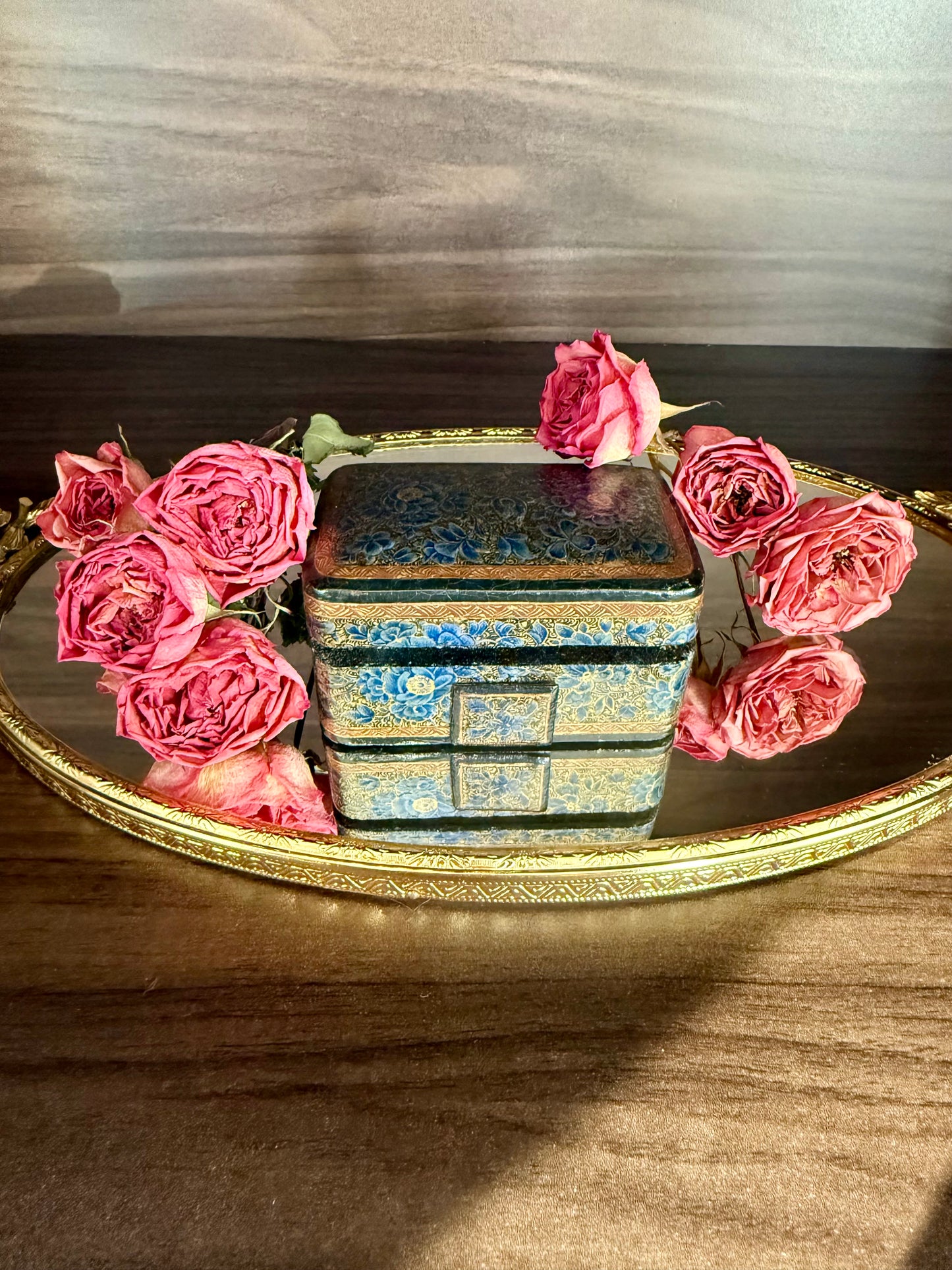 Beautiful Vintage Blue and Gold Hand-Painted Wooden Kashmir Papier-Maché Ring Holder or Jewelry Box