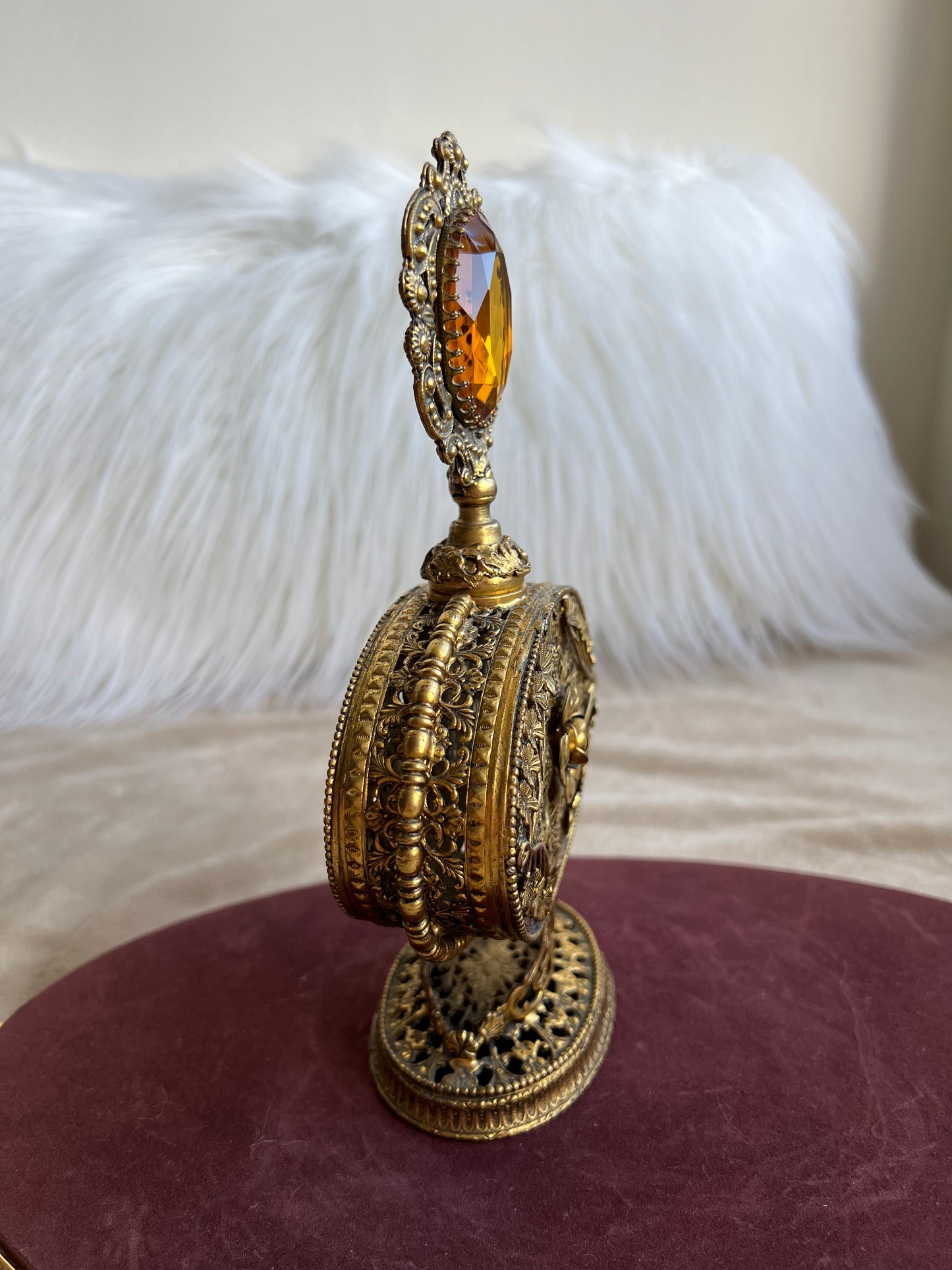 1950s or 1960s Hollywood Regency Style Vintage Ormolu Filigree Gilded Brass Perfume Bottle with a Large Yellow Rhinestone on the Top