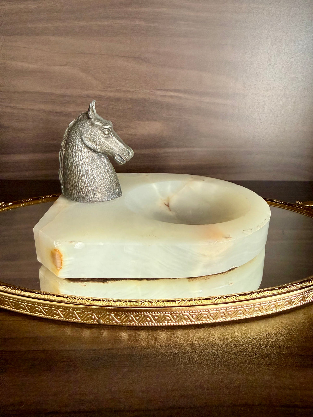 Antique Art Deco Style Bronze Horse Head Statue on Marbel or Green Onyx Ashtray