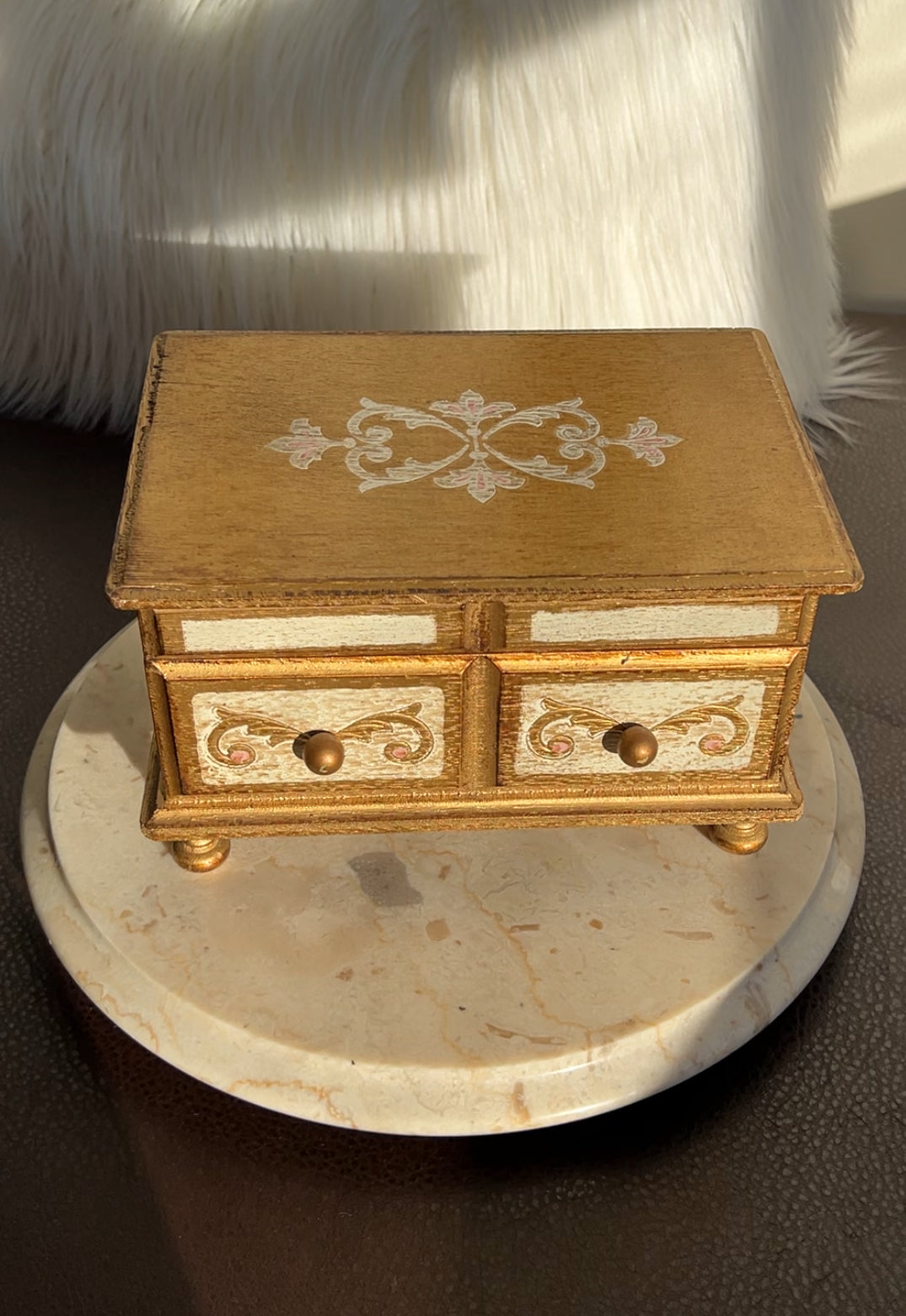 Italian Florentine Vintage Gold Gilt Wood Music and Jewelry Box, Burgundy Red Lining Interior, Footed