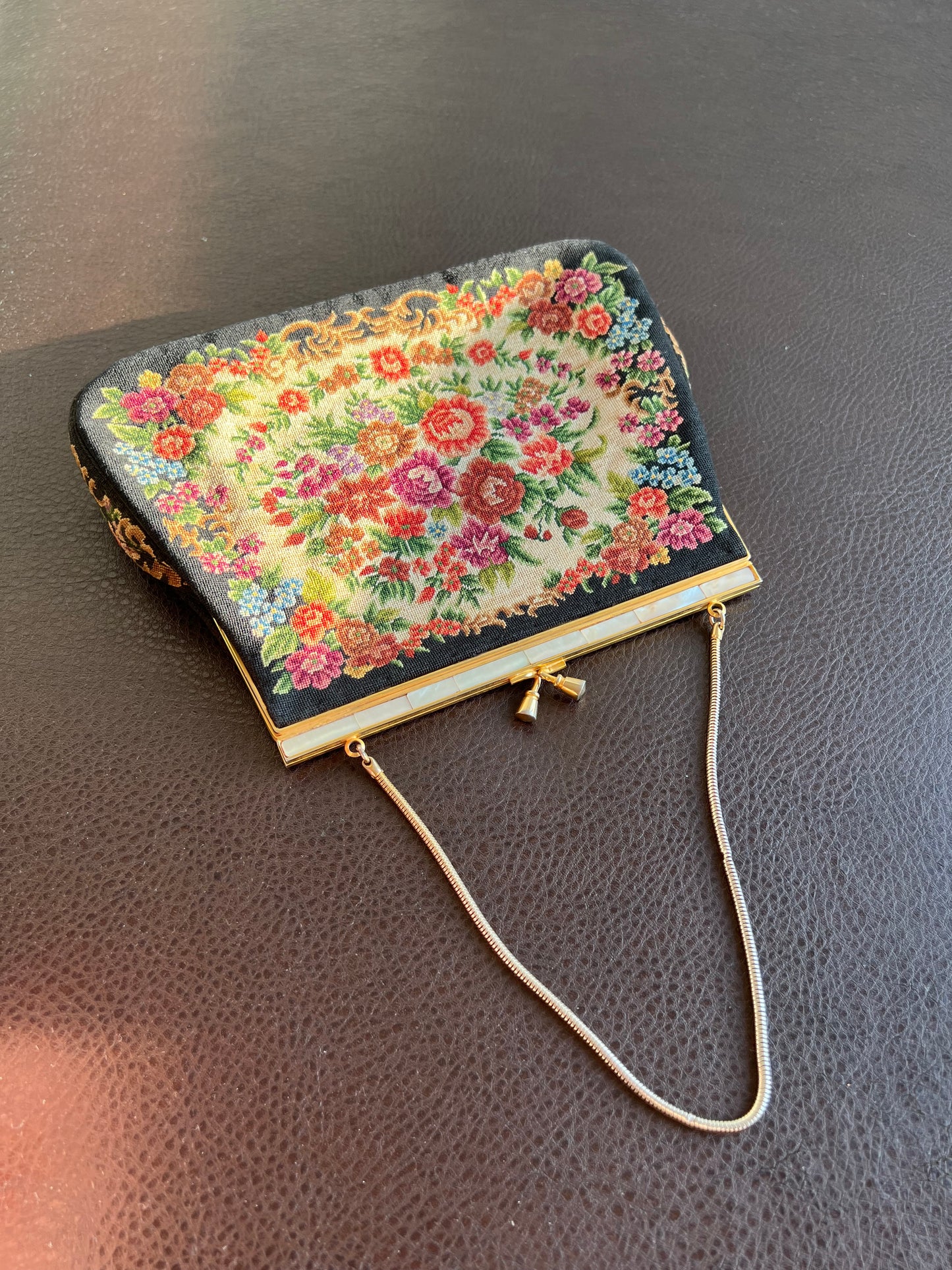 Tapestry Vintage Handbag/ Purse with Floral Rose Decoration and Mother of Pearl Edge, Burgundy Satin Inside