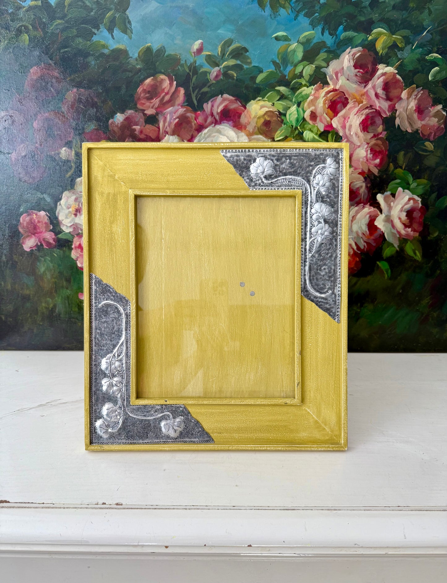 Vintage Mustard Yellow Wooden Picture/ Photo Frame with Metal Floral Decoration on the Corners